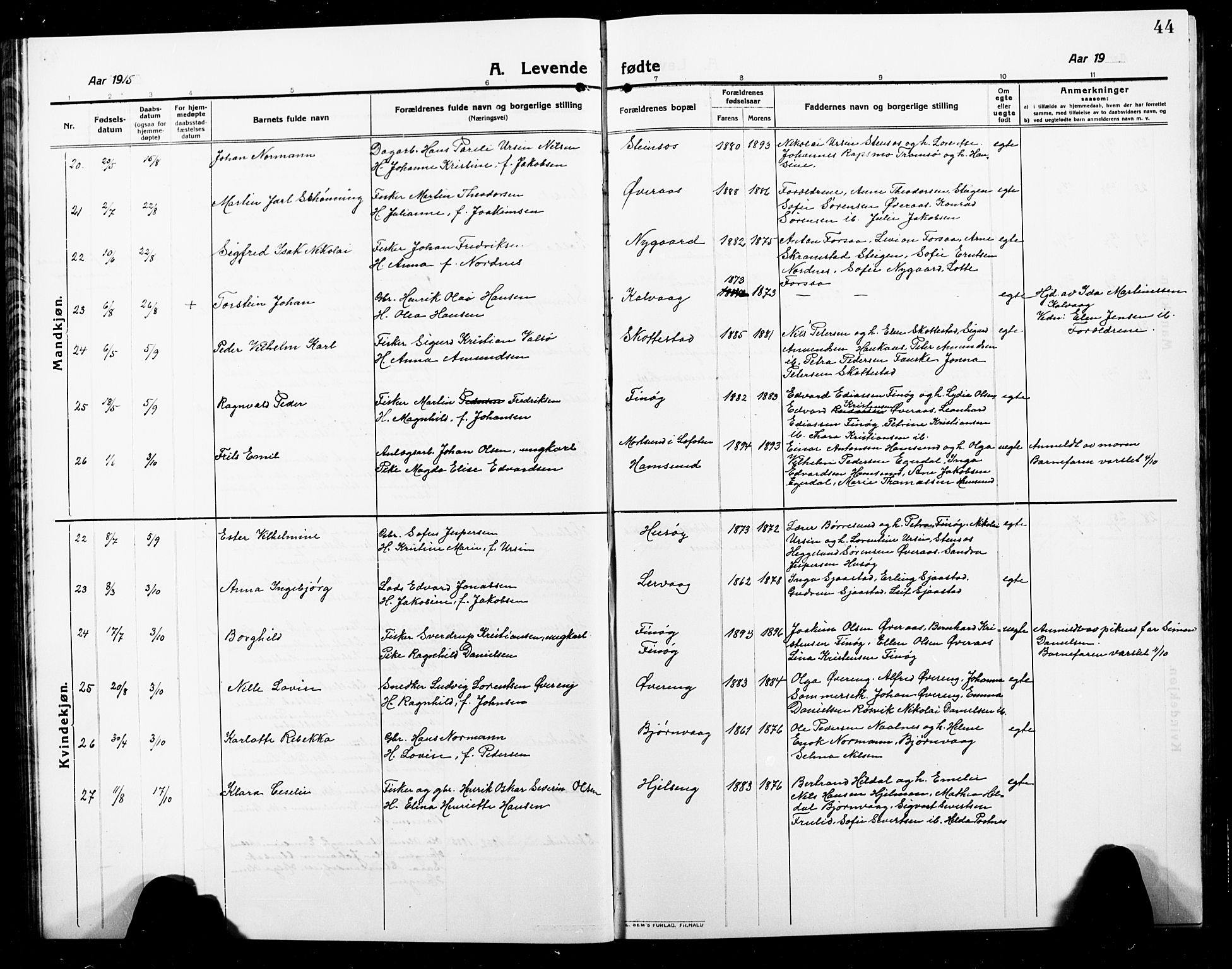 Ministerialprotokoller, klokkerbøker og fødselsregistre - Nordland, AV/SAT-A-1459/859/L0861: Klokkerbok nr. 859C07, 1910-1925, s. 44