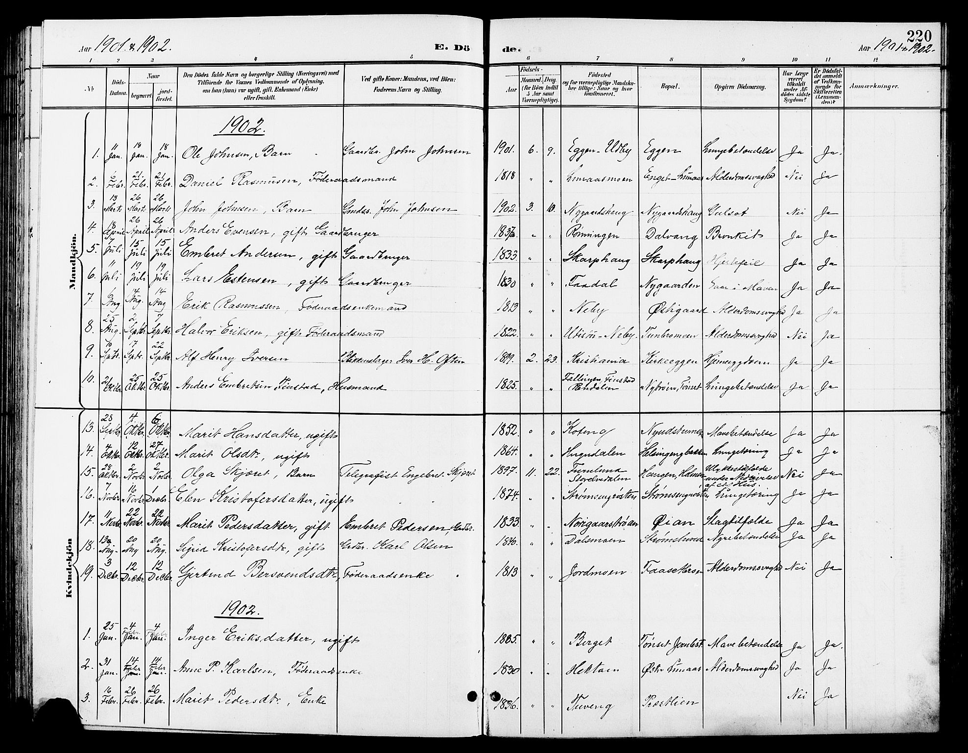 Tynset prestekontor, AV/SAH-PREST-058/H/Ha/Hab/L0009: Klokkerbok nr. 9, 1900-1914, s. 220