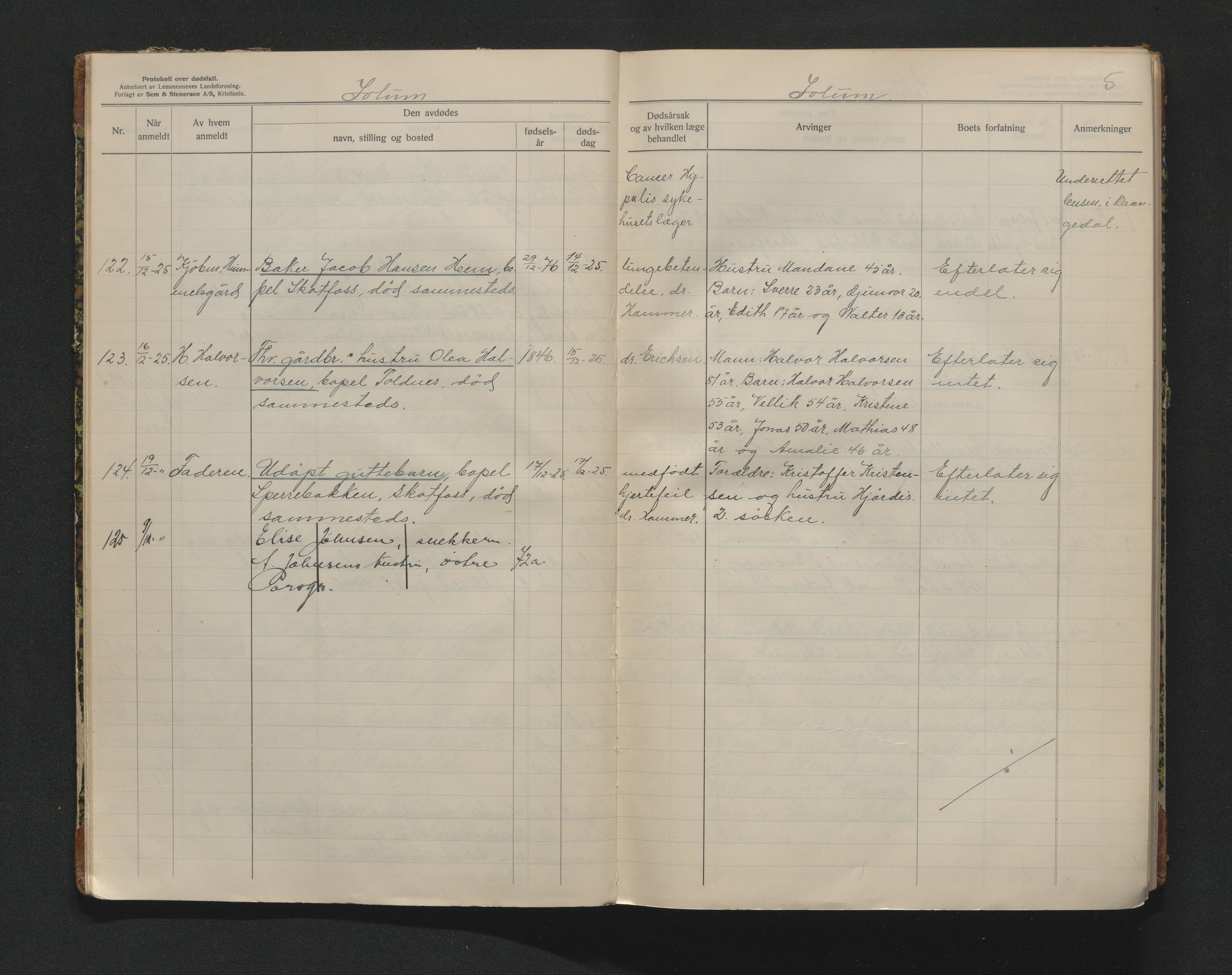 Gjerpen sorenskriveri, AV/SAKO-A-216/H/Ha/Haa/Haaa/L0003: Dødsanmeldelsesprotokoll, Sorenskriveriet, 1925-1930, s. 5