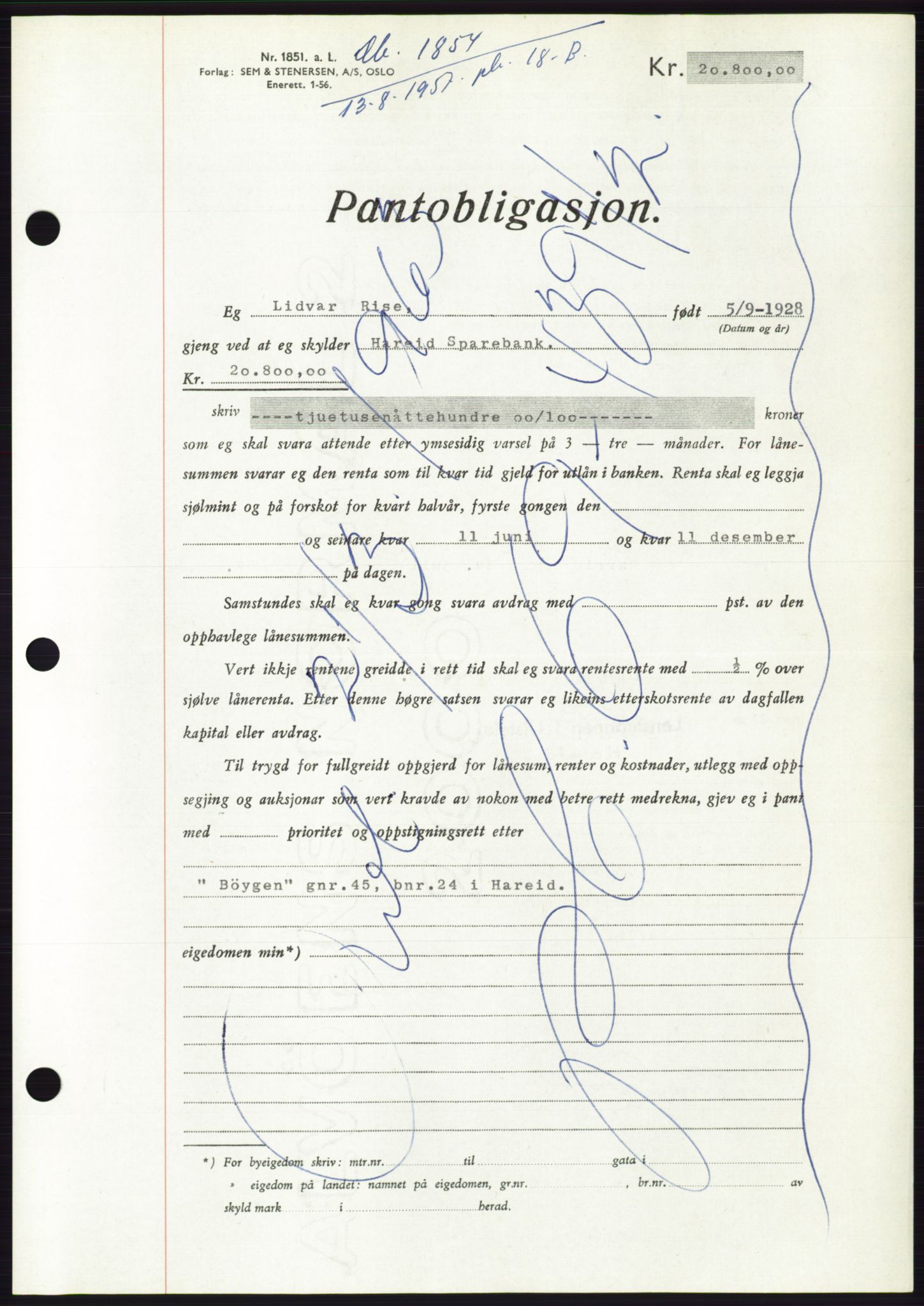 Søre Sunnmøre sorenskriveri, AV/SAT-A-4122/1/2/2C/L0130: Pantebok nr. 18B, 1957-1958, Dagboknr: 1854/1957