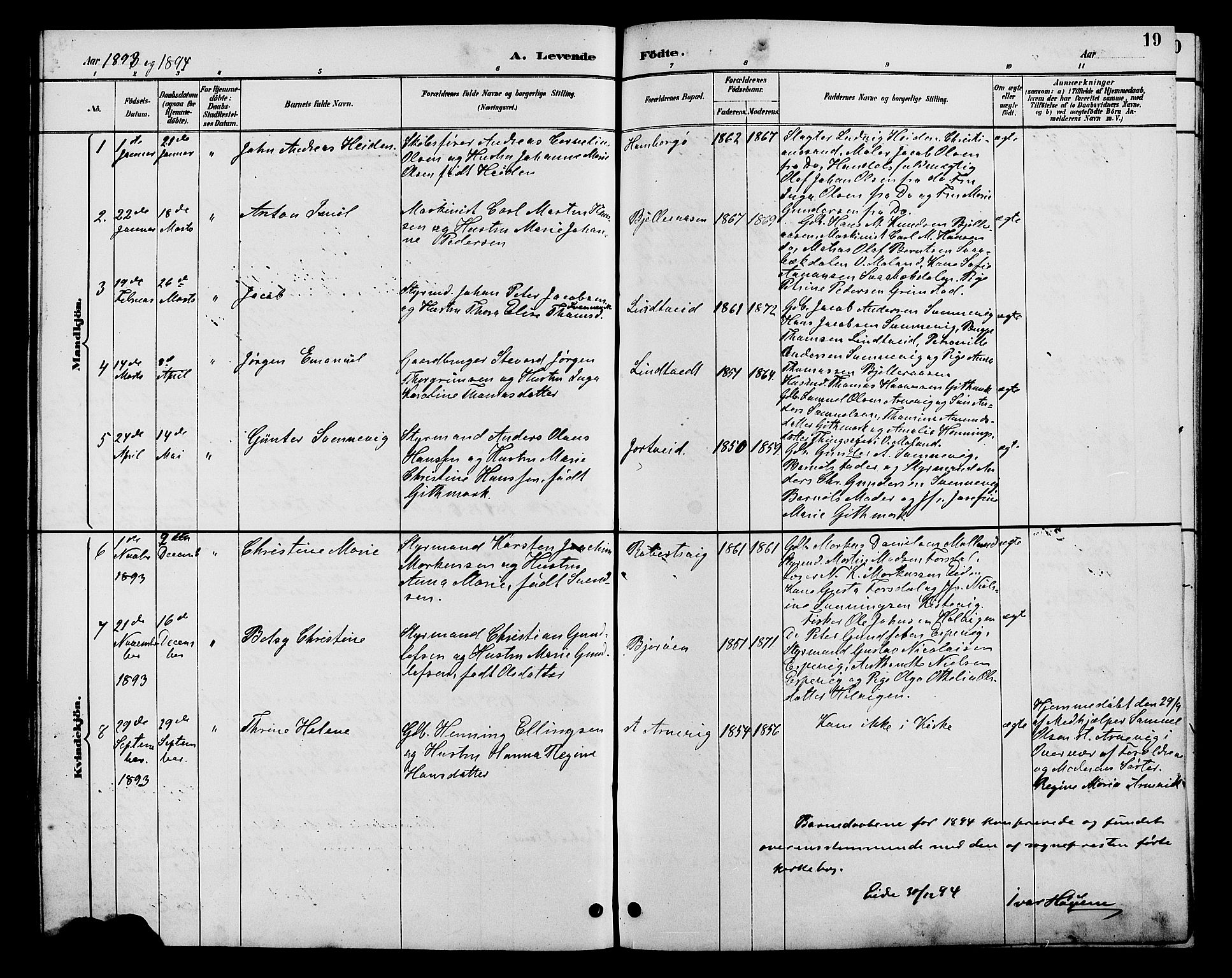 Hommedal sokneprestkontor, AV/SAK-1111-0023/F/Fb/Fba/L0004: Klokkerbok nr. B 4, 1885-1908, s. 19