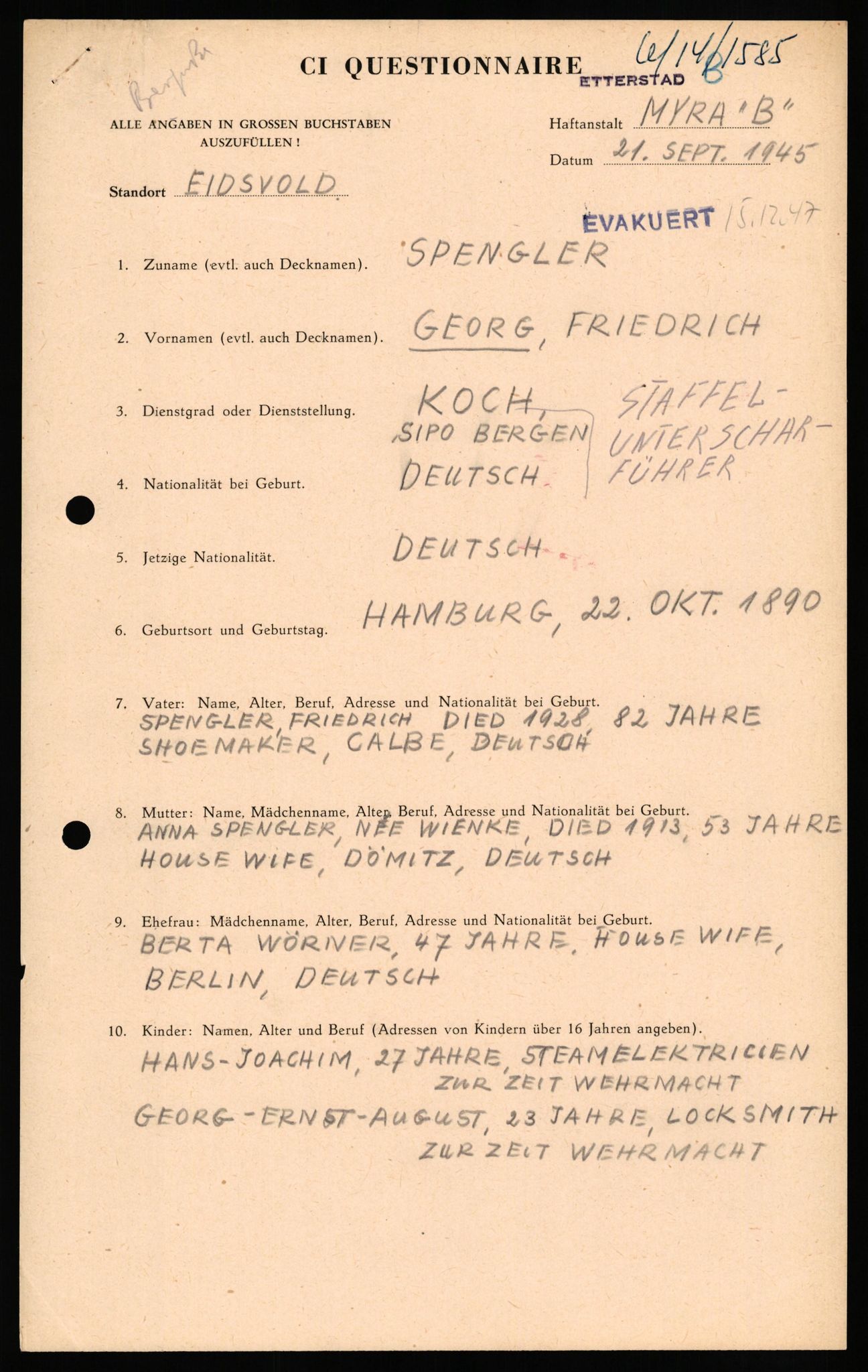 Forsvaret, Forsvarets overkommando II, RA/RAFA-3915/D/Db/L0032: CI Questionaires. Tyske okkupasjonsstyrker i Norge. Tyskere., 1945-1946, s. 197