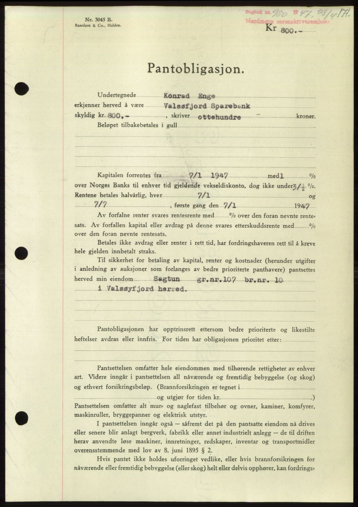 Nordmøre sorenskriveri, SAT/A-4132/1/2/2Ca: Pantebok nr. B96, 1947-1947, Dagboknr: 950/1947