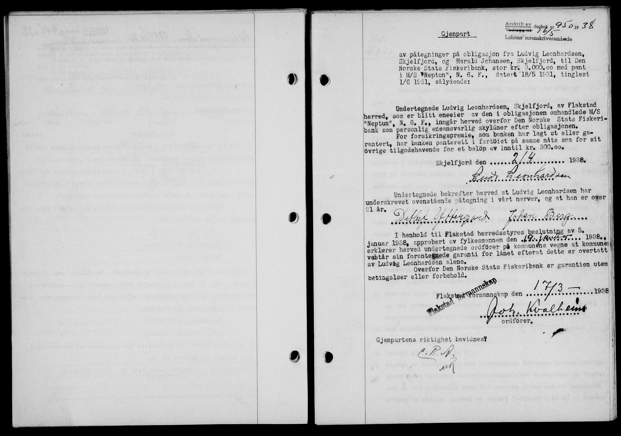 Lofoten sorenskriveri, SAT/A-0017/1/2/2C/L0004a: Pantebok nr. 4a, 1938-1938, Dagboknr: 950/1938