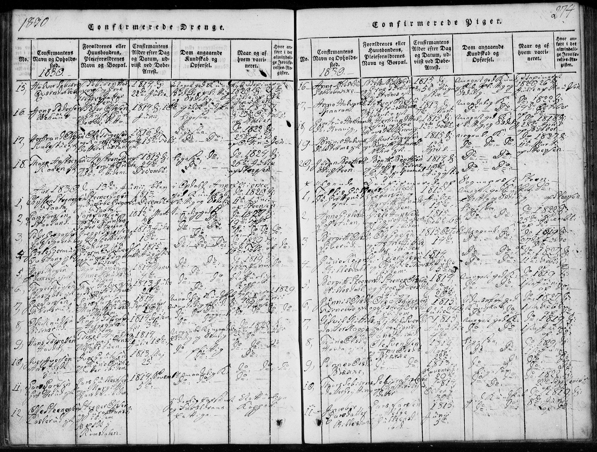 Rollag kirkebøker, AV/SAKO-A-240/G/Ga/L0001: Klokkerbok nr. I 1, 1814-1831, s. 274