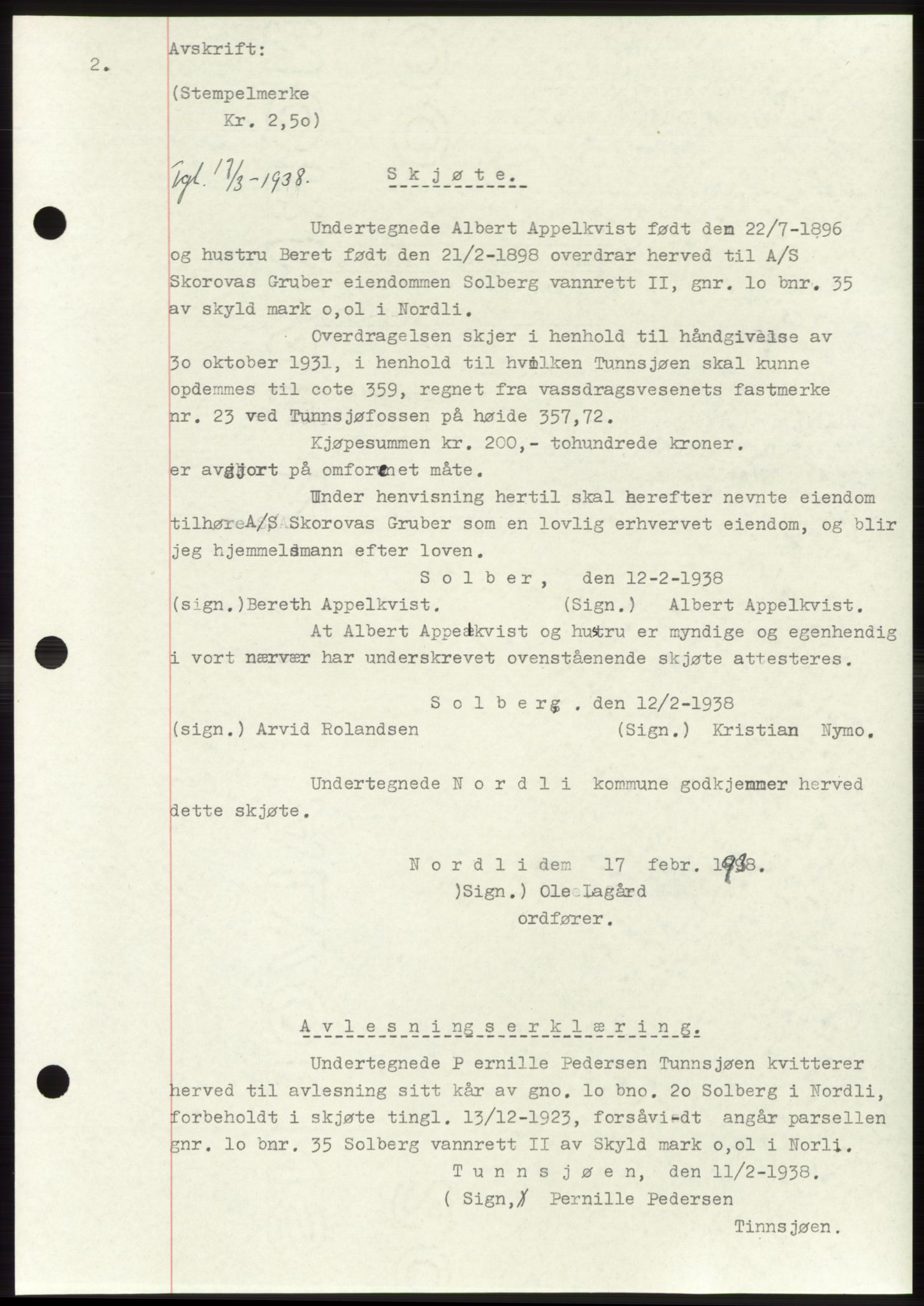 Namdal sorenskriveri, SAT/A-4133/1/2/2C: Pantebok nr. -, 1937-1939, Tingl.dato: 17.03.1938