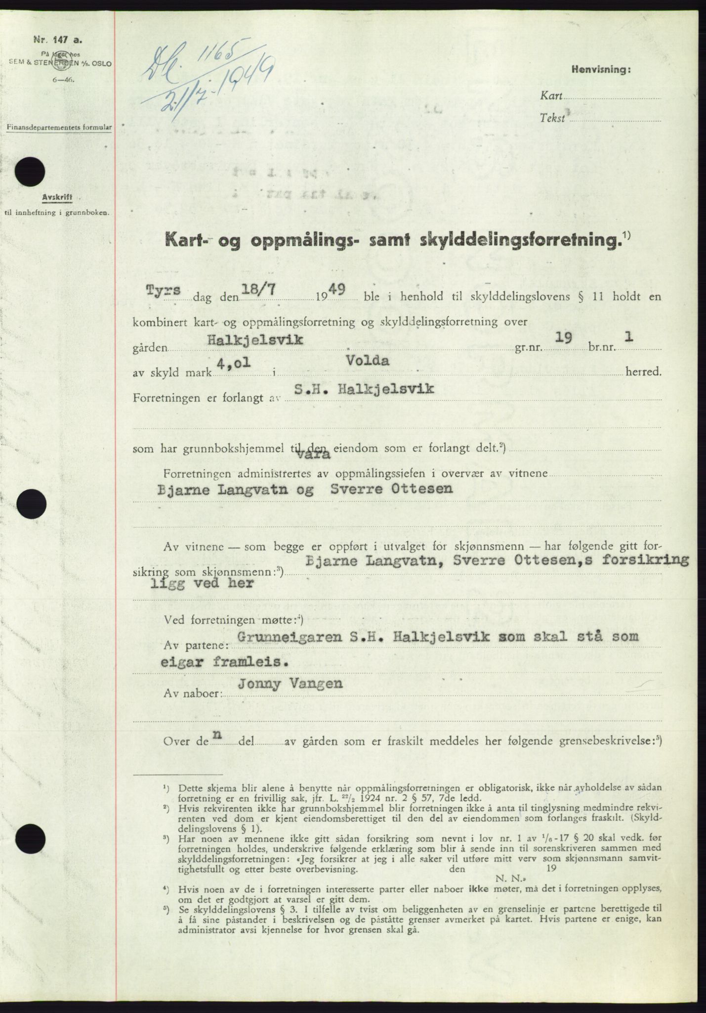 Søre Sunnmøre sorenskriveri, SAT/A-4122/1/2/2C/L0084: Pantebok nr. 10A, 1949-1949, Dagboknr: 1165/1949