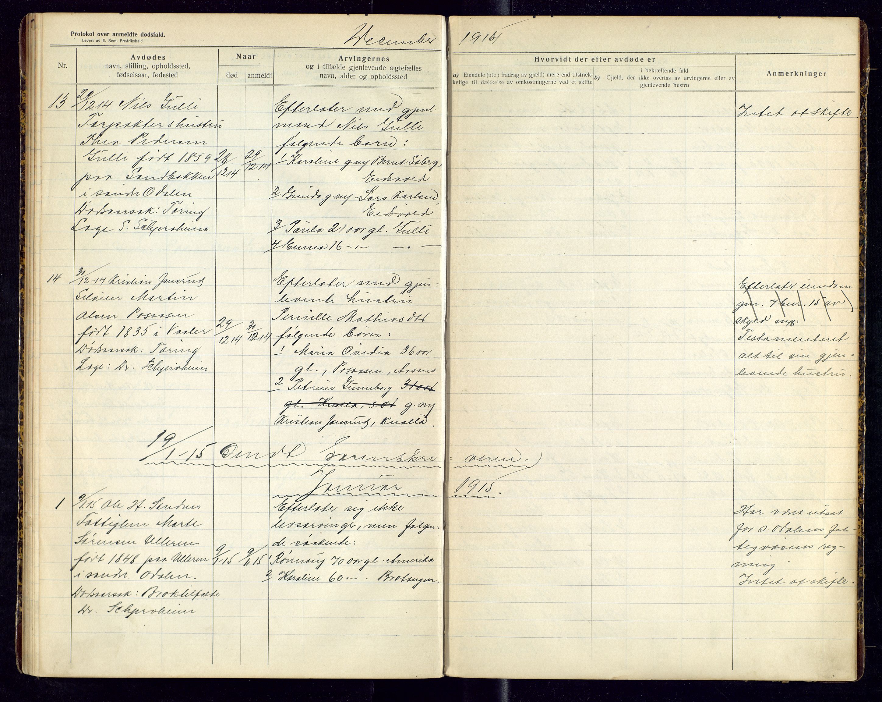 Sør-Odal lensmannskontor, AV/SAH-LHS-022/H/Hb/L0002/0001: Protokoller over anmeldte dødsfall / Protokoll over anmeldte dødsfall, 1913-1915