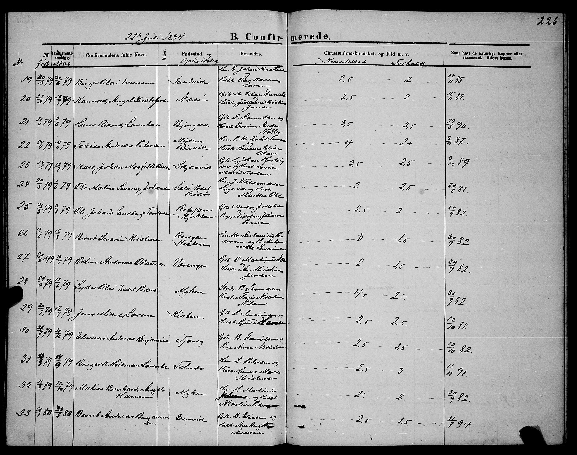 Ministerialprotokoller, klokkerbøker og fødselsregistre - Nordland, AV/SAT-A-1459/841/L0620: Klokkerbok nr. 841C04, 1877-1896, s. 226