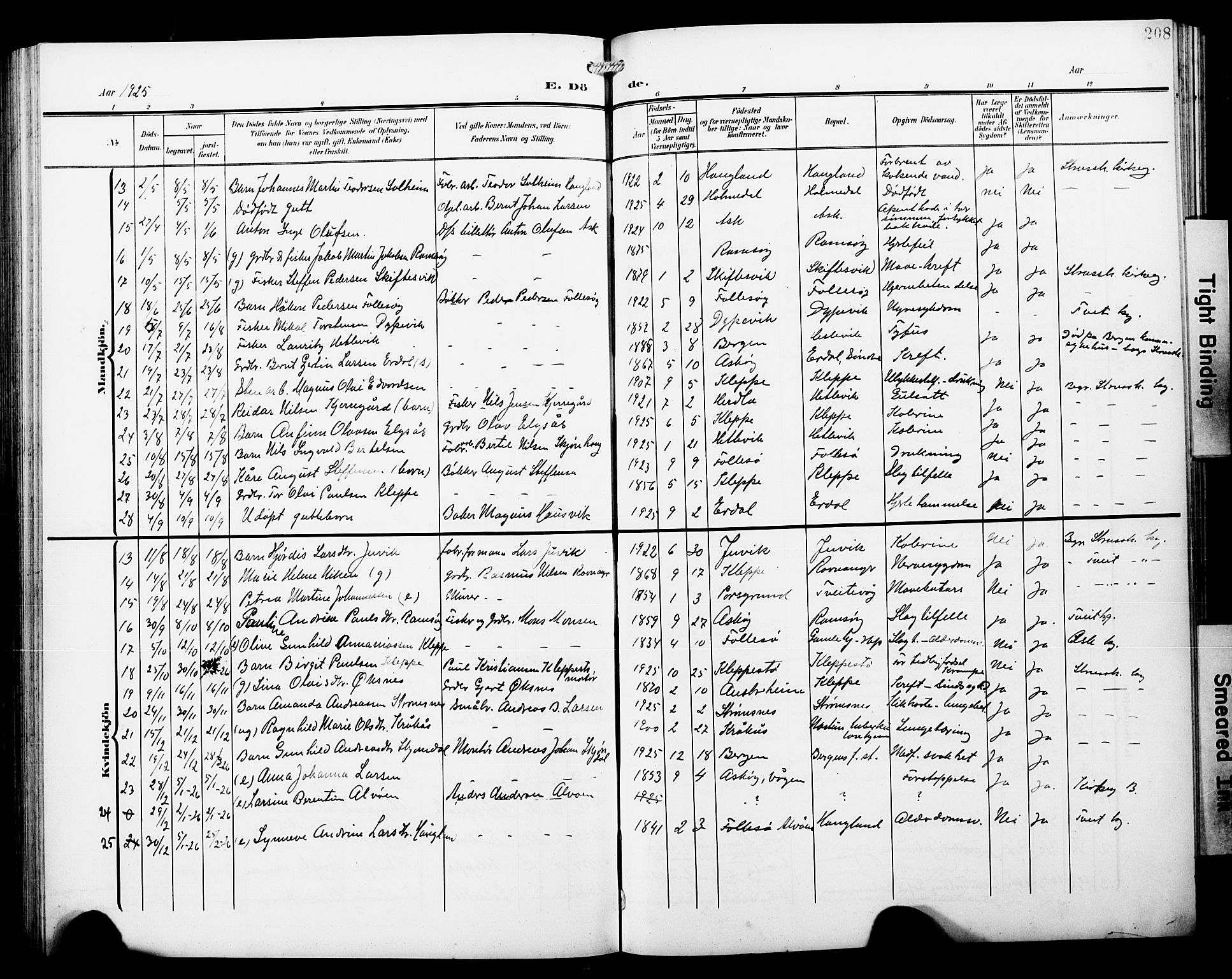 Askøy Sokneprestembete, AV/SAB-A-74101/H/Ha/Hab/Haba/L0014: Klokkerbok nr. A 14, 1904-1927, s. 208