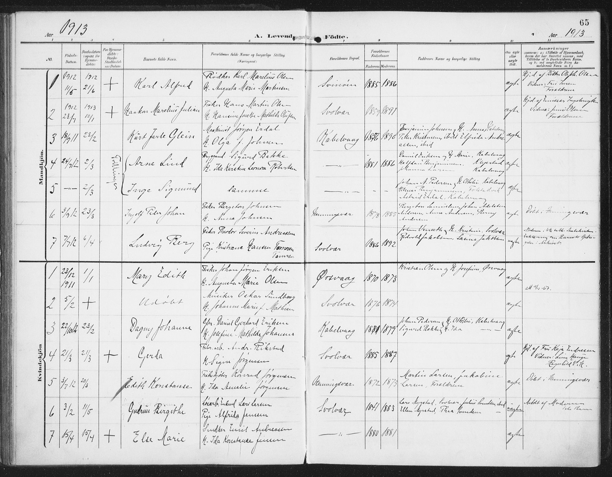 Ministerialprotokoller, klokkerbøker og fødselsregistre - Nordland, AV/SAT-A-1459/874/L1063: Ministerialbok nr. 874A07, 1907-1915, s. 65