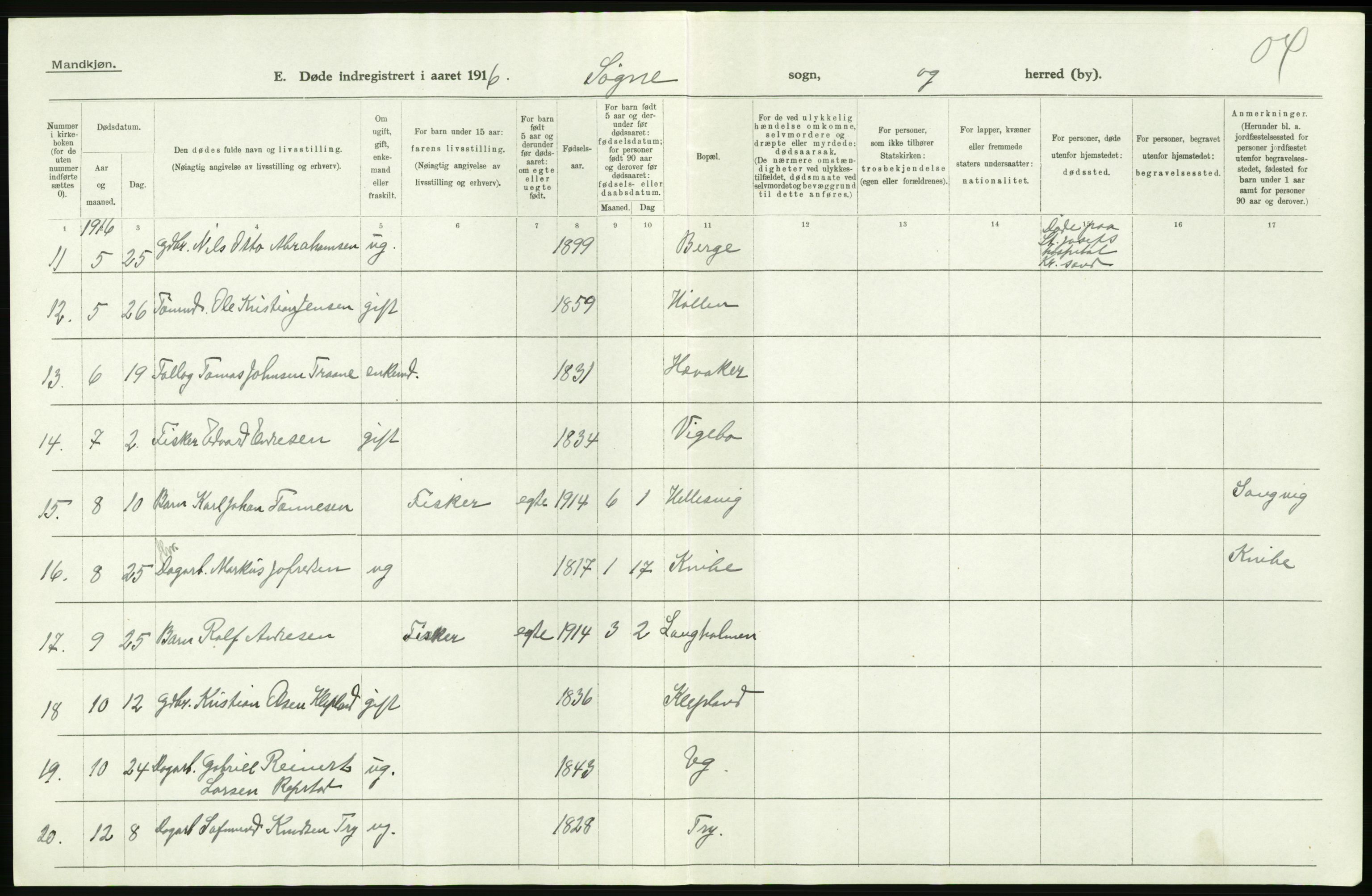 Statistisk sentralbyrå, Sosiodemografiske emner, Befolkning, AV/RA-S-2228/D/Df/Dfb/Dfbf/L0028: Lister og Mandals amt: Gifte, døde, dødfødte. Bygder og byer., 1916, s. 196