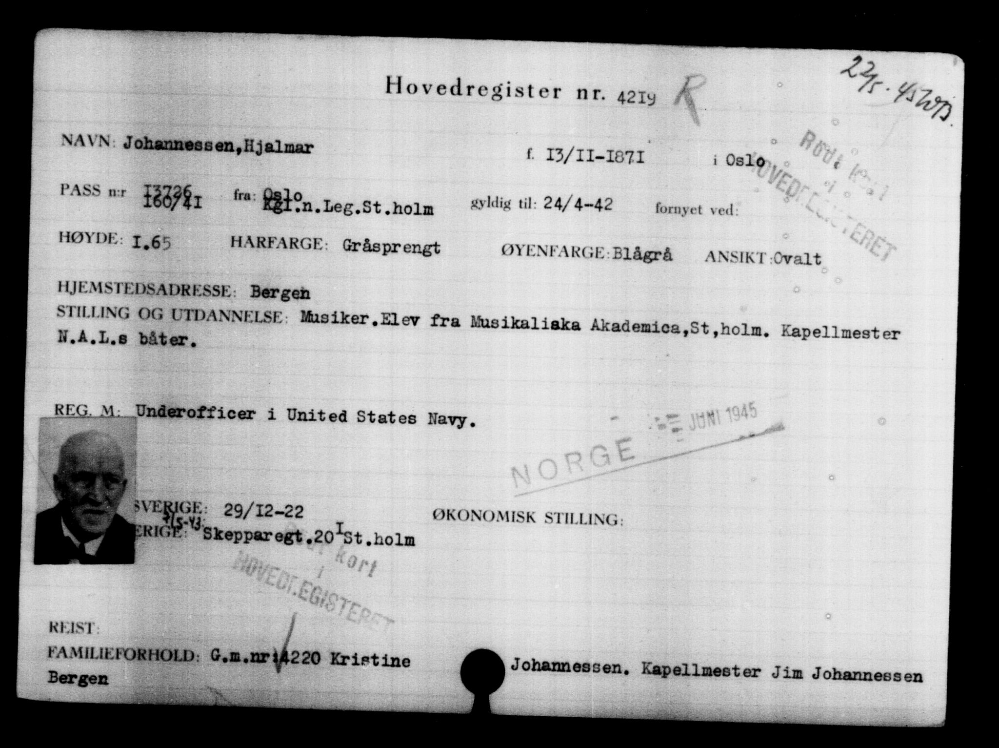 Utenriksstasjonene, Legasjonen i Stockholm, Flyktningkontoret, AV/RA-S-6753/V/Va/L0004: Kjesäterkartoteket, flyktninger med registreringsnr. 3496-6610, 1940-1945, s. 874