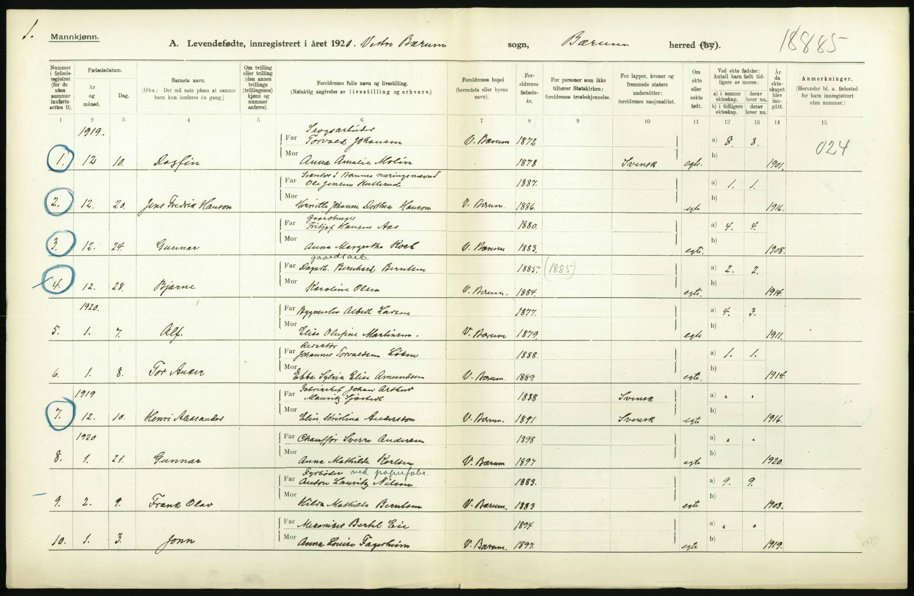 Statistisk sentralbyrå, Sosiodemografiske emner, Befolkning, AV/RA-S-2228/D/Df/Dfb/Dfbj/L0004: Akershus fylke: Levendefødte menn og kvinner. Bygder., 1920, s. 376