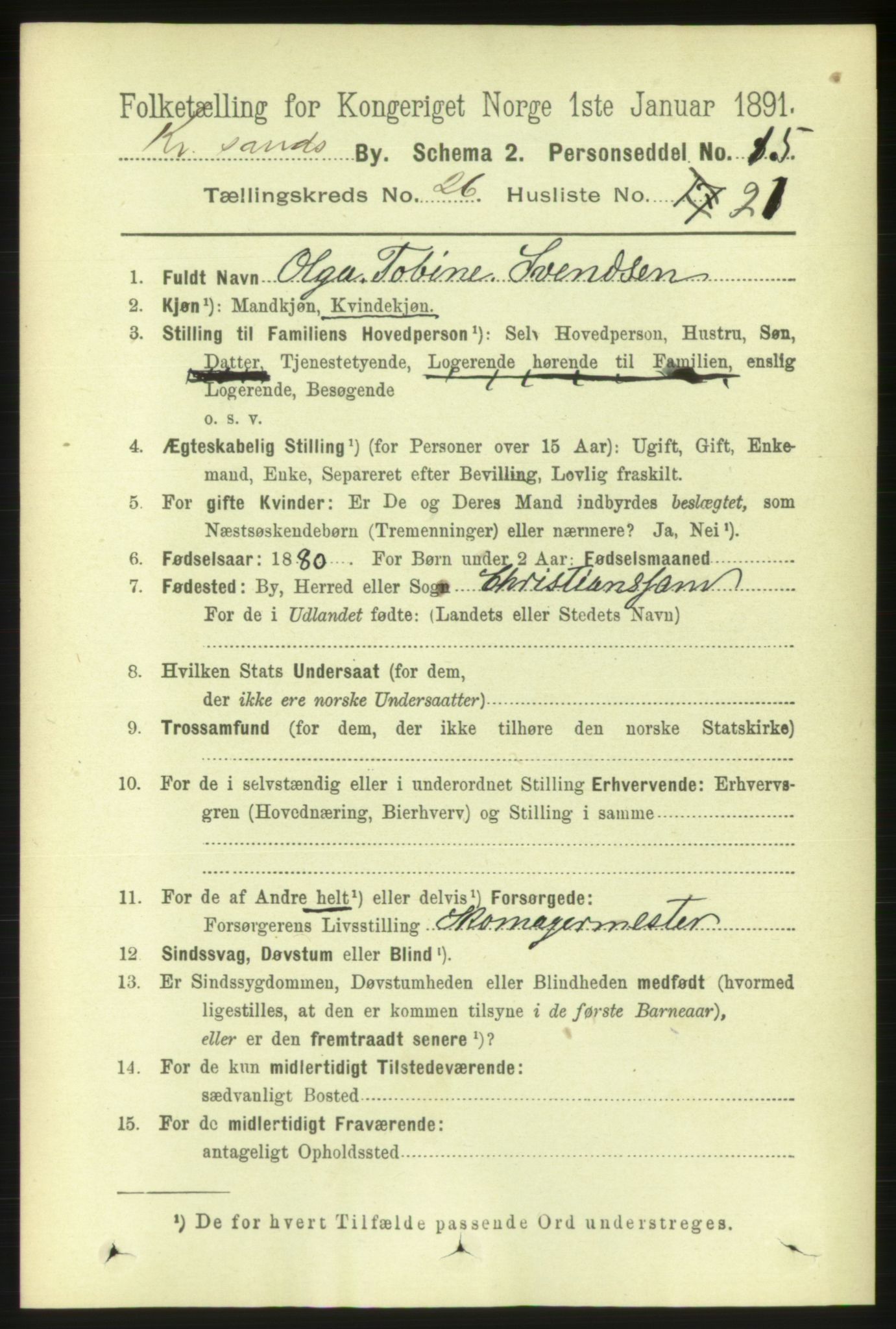 RA, Folketelling 1891 for 1001 Kristiansand kjøpstad, 1891, s. 9123