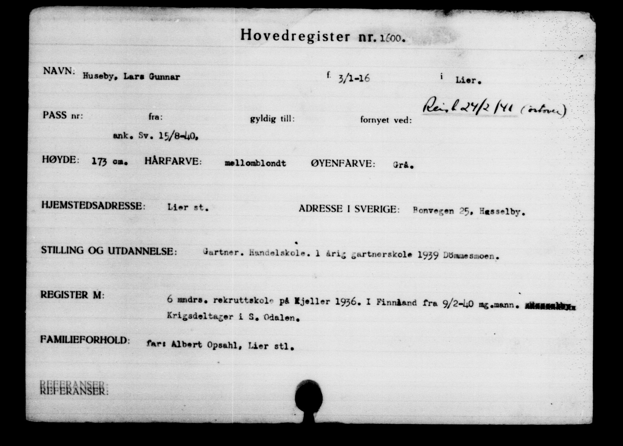 Utenriksstasjonene, Legasjonen i Stockholm, Flyktningkontoret, AV/RA-S-6753/V/Va/L0002: Kjesäterkartoteket, flyktninger med registreringsnr. 1001-2000, 1940-1945, s. 860