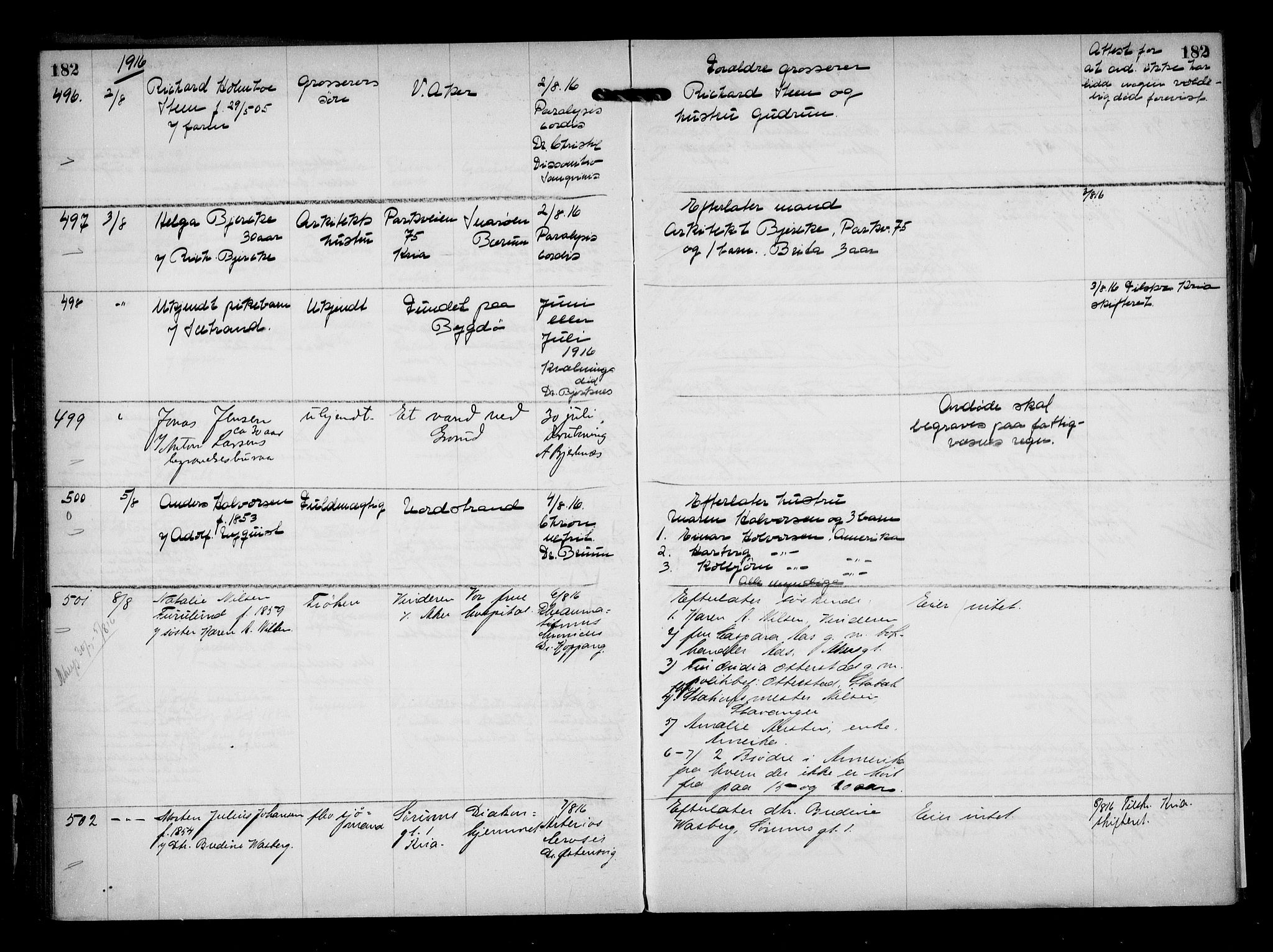 Aker kriminaldommer, skifte- og auksjonsforvalterembete, AV/SAO-A-10452/H/Hb/Hba/Hbaa/L0004: Dødsfallsprotokoll, 1914-1918, s. 182