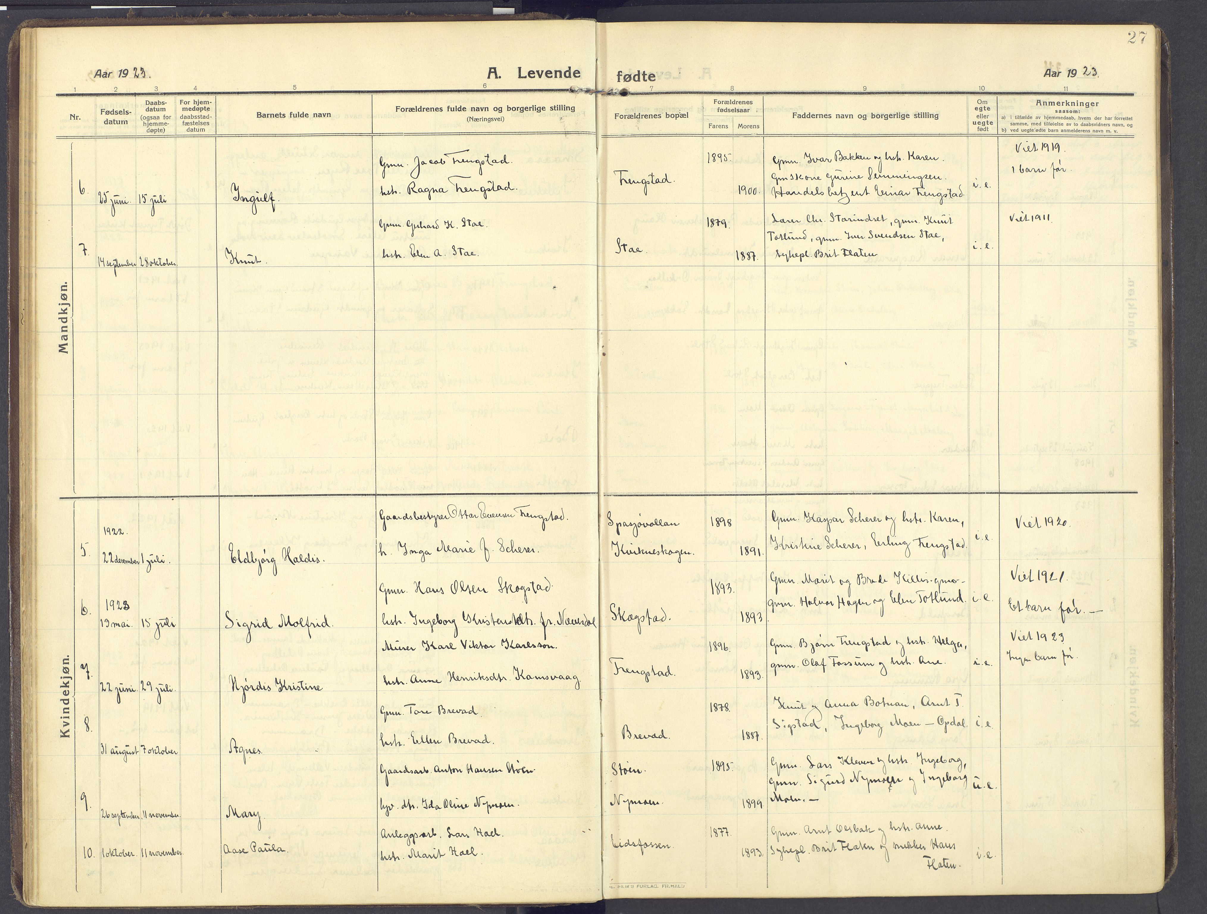 Kvikne prestekontor, SAH/PREST-064/H/Ha/Haa/L0009: Ministerialbok nr. 9, 1911-1942, s. 27