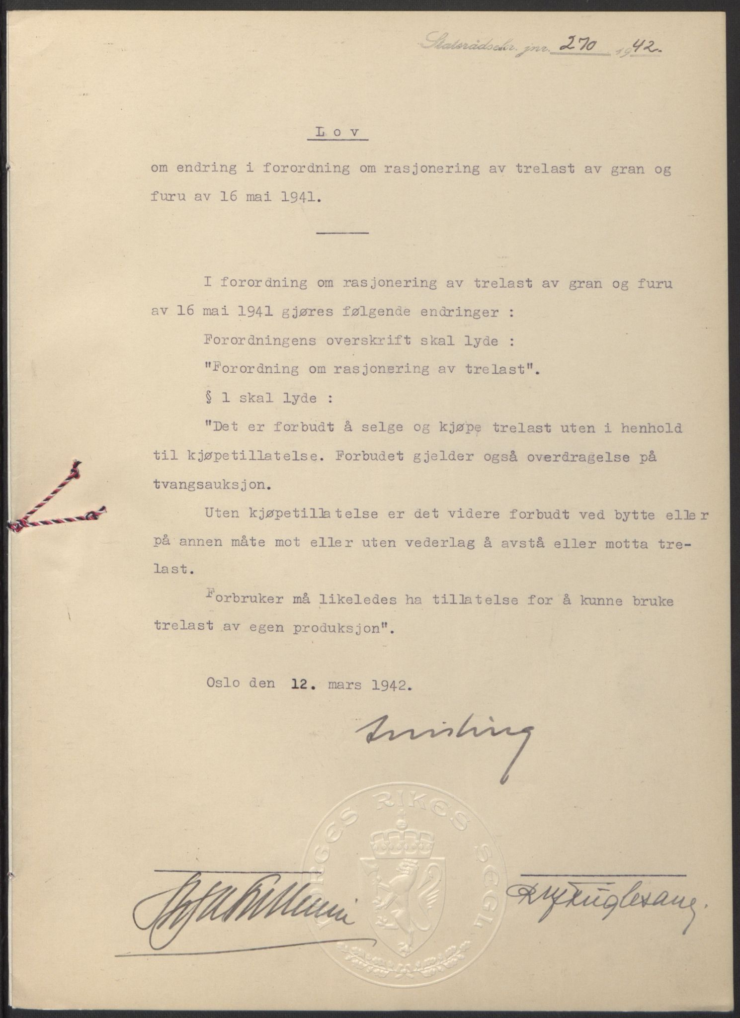NS-administrasjonen 1940-1945 (Statsrådsekretariatet, de kommisariske statsråder mm), RA/S-4279/D/Db/L0097: Lover I, 1942, s. 160