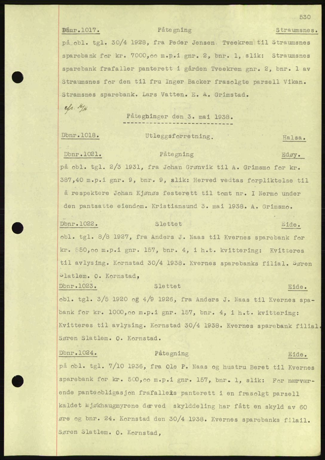 Nordmøre sorenskriveri, SAT/A-4132/1/2/2Ca: Pantebok nr. C80, 1936-1939, Dagboknr: 1017/1938