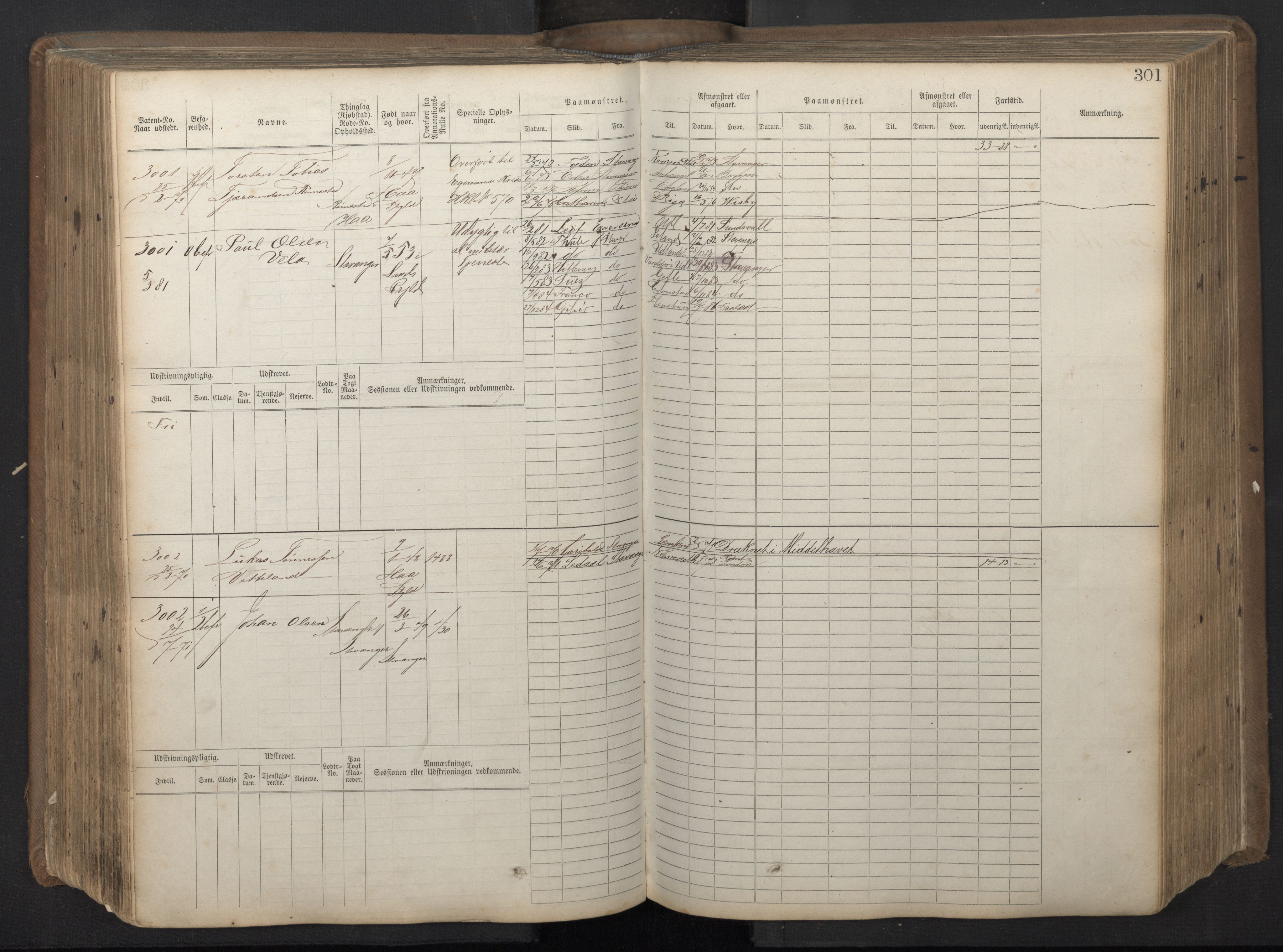 Stavanger sjømannskontor, SAST/A-102006/F/Fb/Fbb/L0018: Sjøfartshovedrulle patnentnr. 2402-3602 (dublett), 1869, s. 305