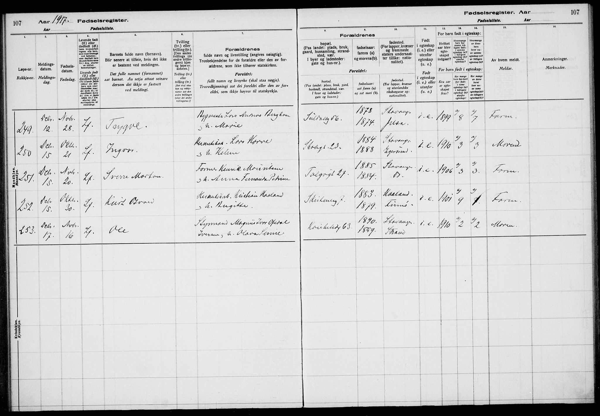 St. Johannes sokneprestkontor, AV/SAST-A-101814/002/A/L0001: Fødselsregister nr. 1, 1916-1919, s. 107