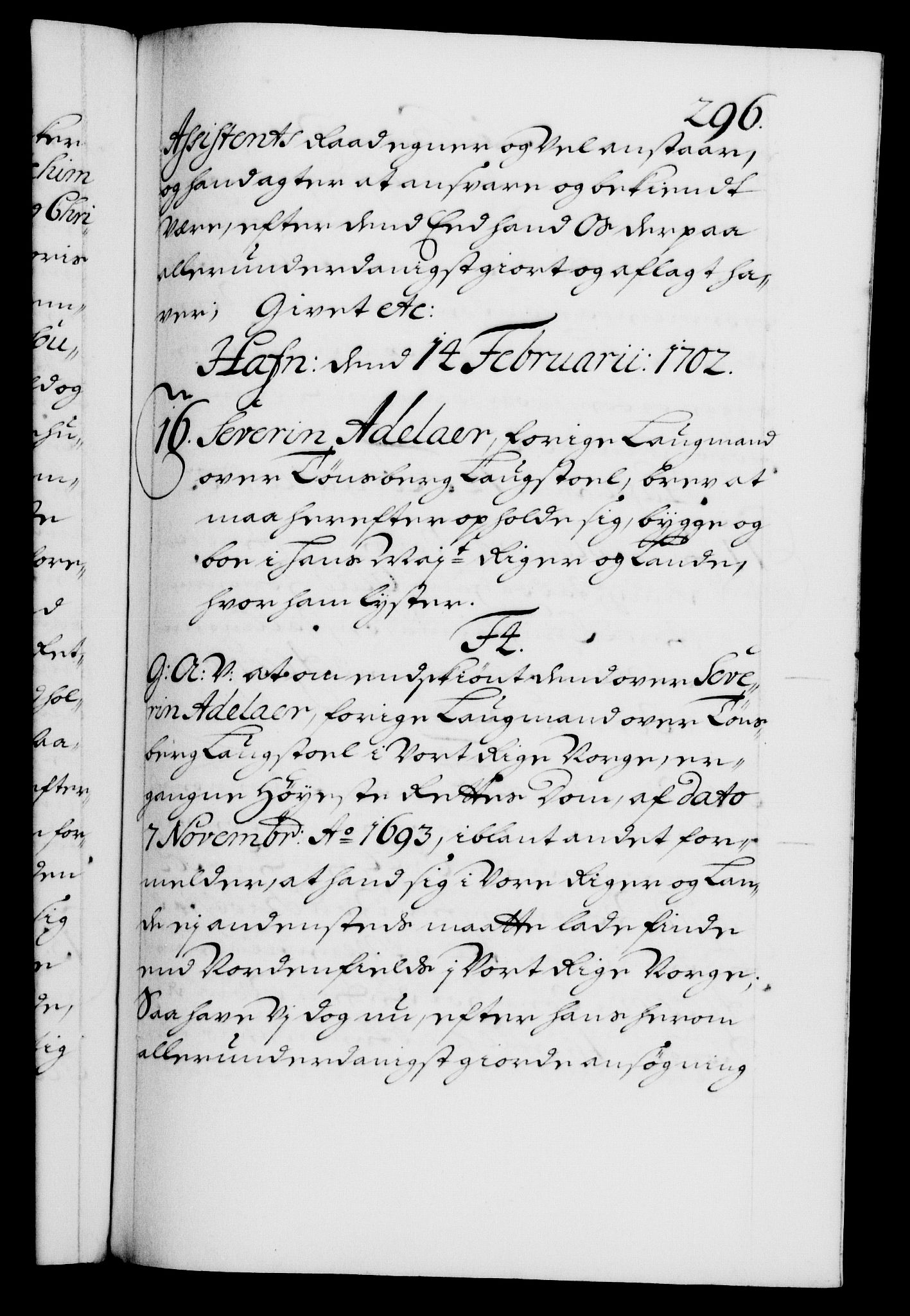 Danske Kanselli 1572-1799, AV/RA-EA-3023/F/Fc/Fca/Fcaa/L0018: Norske registre, 1699-1703, s. 296a