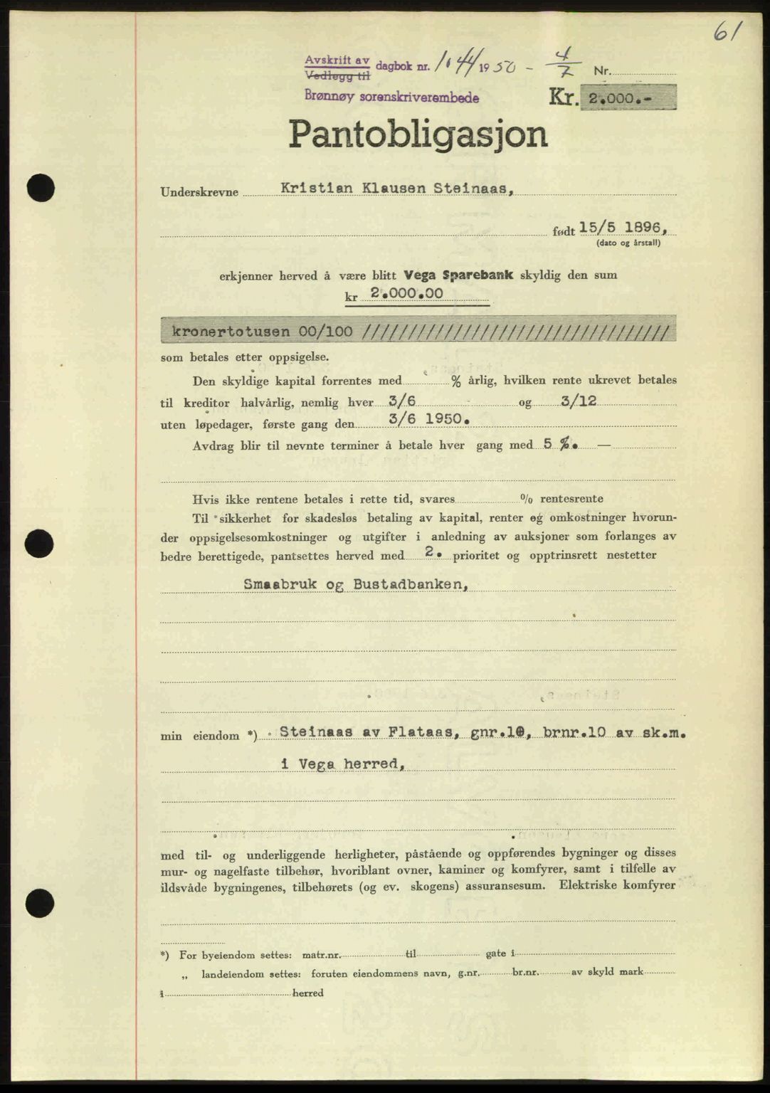 Brønnøy sorenskriveri, SAT/A-4170/1/2/2C: Pantebok nr. 36, 1950-1950, Dagboknr: 1044/1950