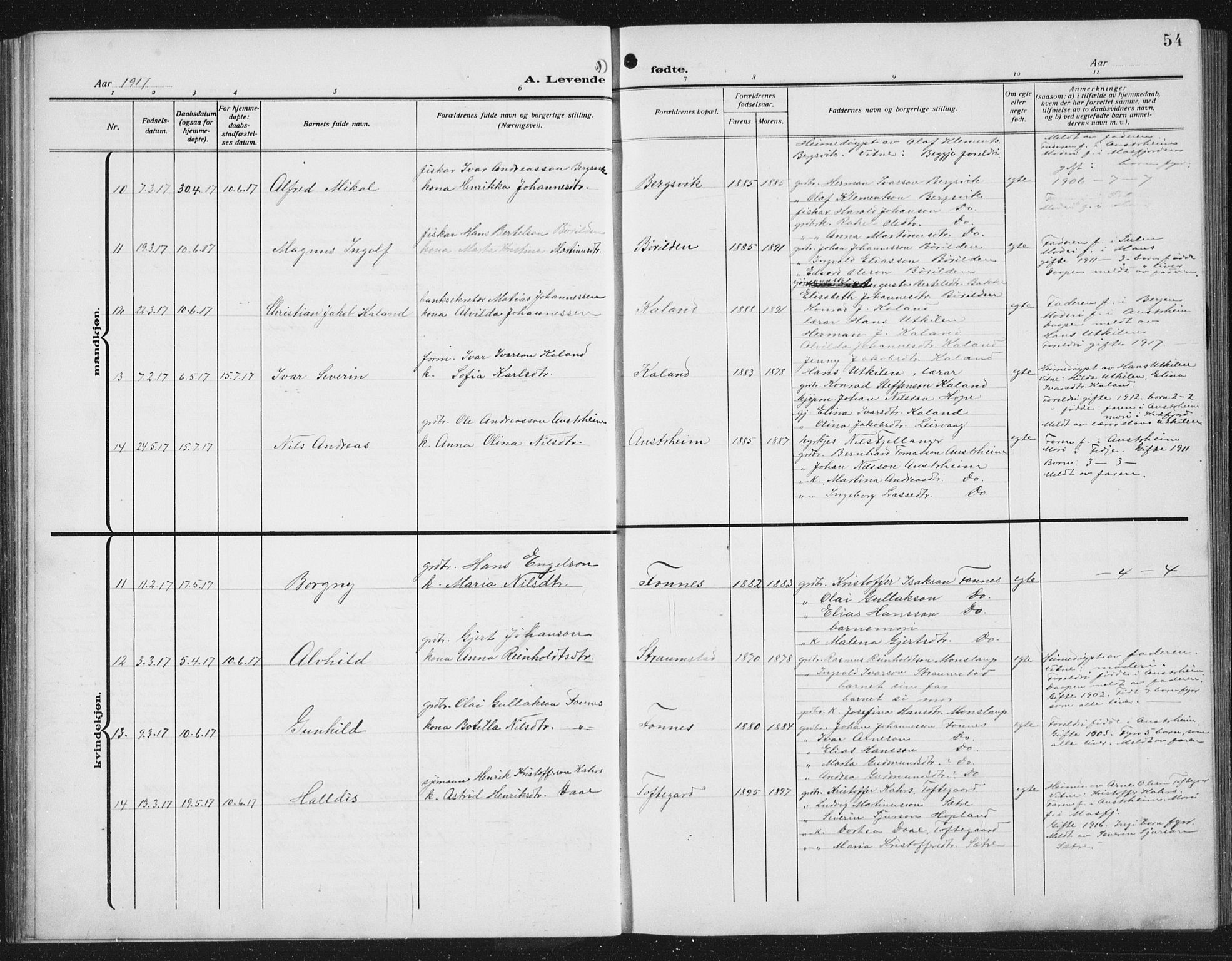Lindås Sokneprestembete, AV/SAB-A-76701/H/Hab/Habc/L0005: Klokkerbok nr. C 5, 1910-1927, s. 54