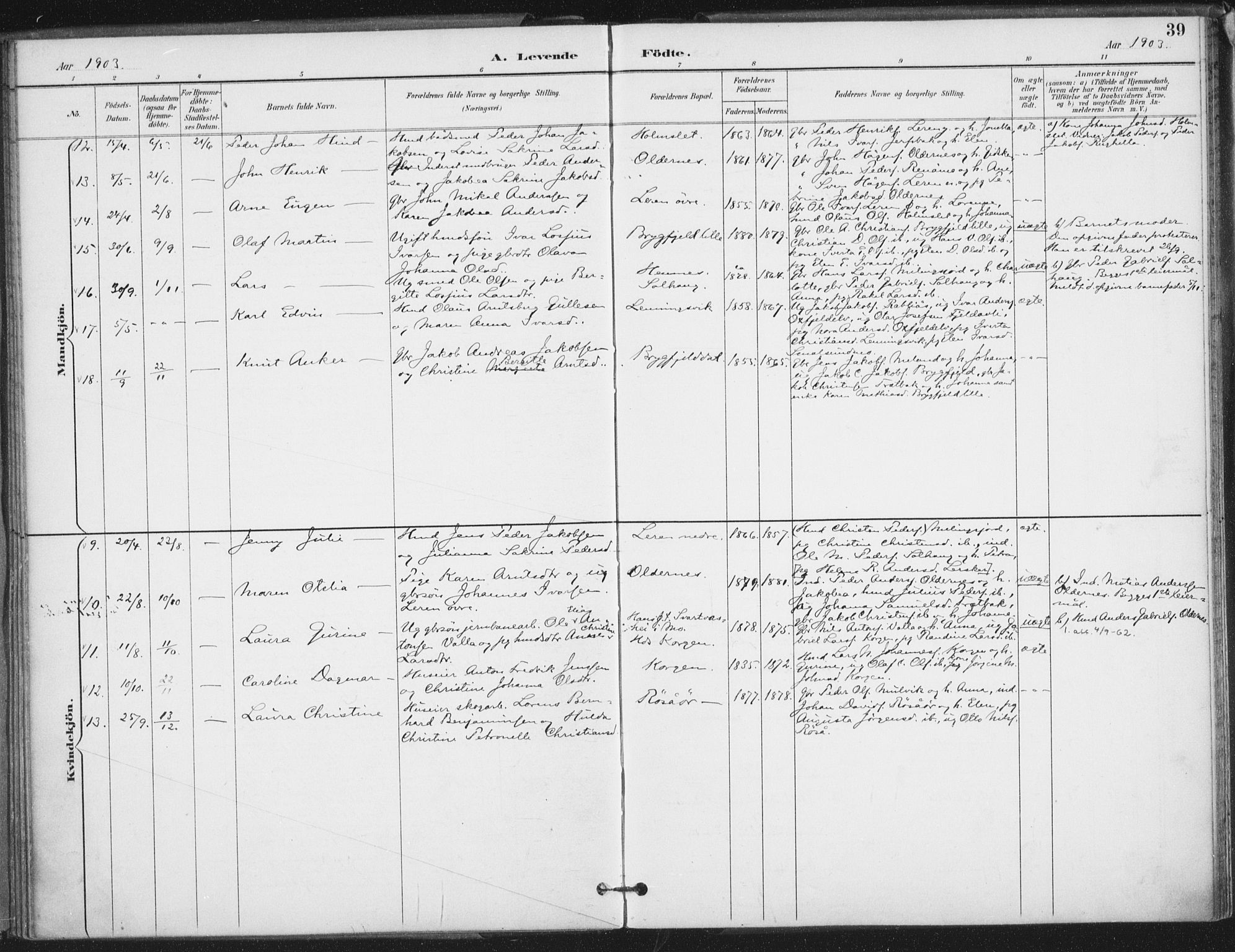 Ministerialprotokoller, klokkerbøker og fødselsregistre - Nordland, AV/SAT-A-1459/826/L0380: Ministerialbok nr. 826A03, 1891-1911, s. 39