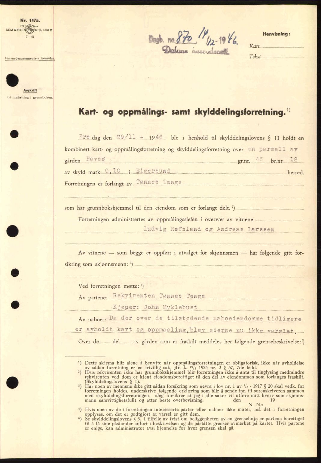 Dalane sorenskriveri, SAST/A-100309/02/G/Gb/L0049: Pantebok nr. A9, 1946-1947, Dagboknr: 870/1946