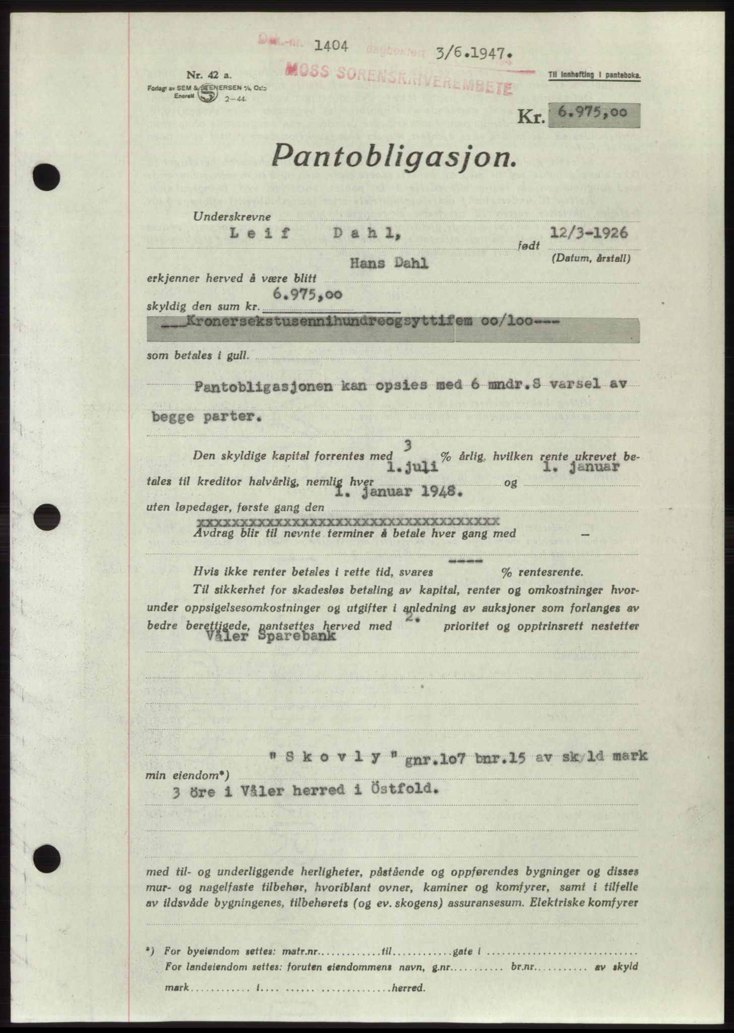 Moss sorenskriveri, SAO/A-10168: Pantebok nr. B17, 1947-1947, Dagboknr: 1404/1947