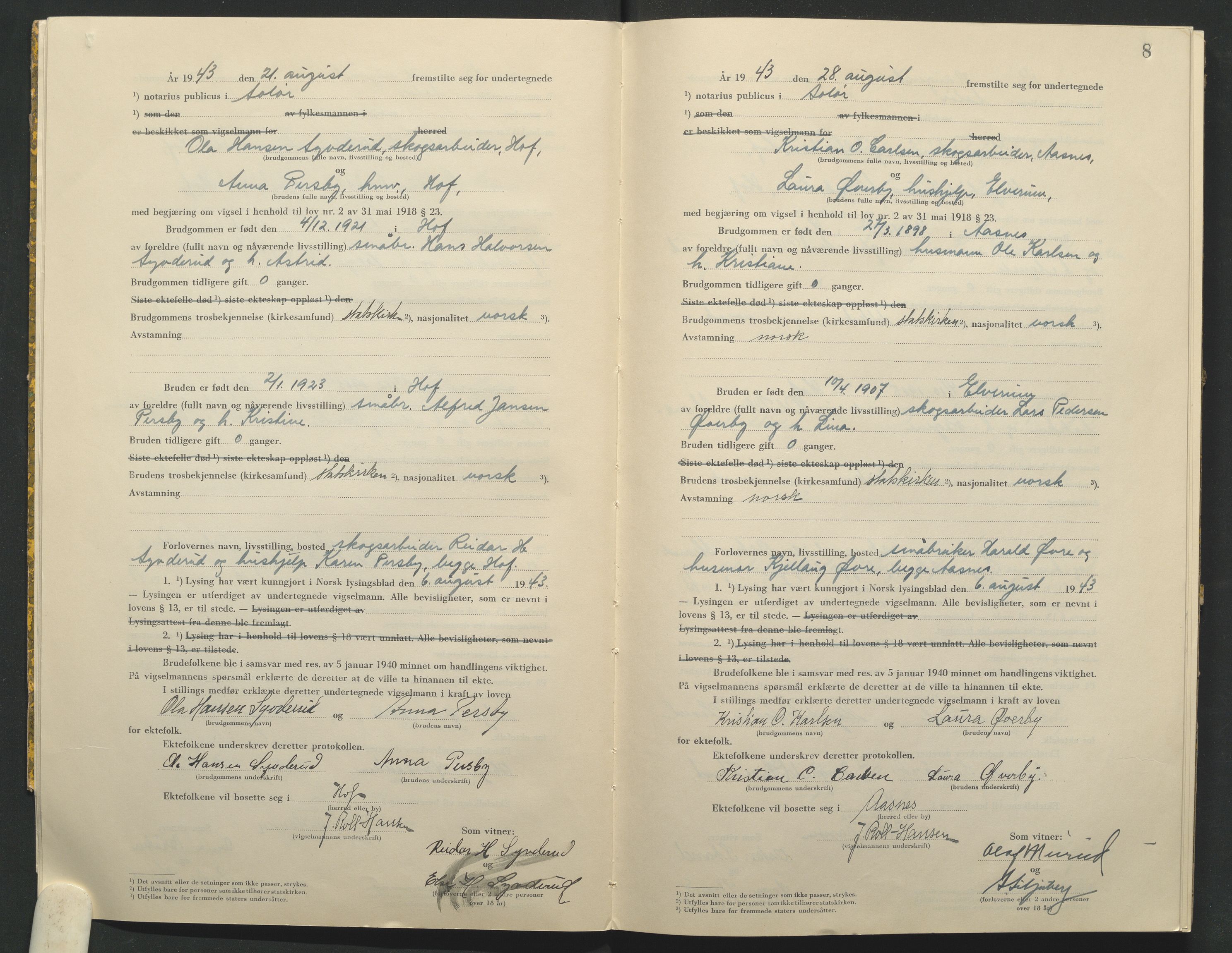 Solør tingrett, AV/SAH-TING-008/L/Lb/L0002: Vigselprotokoll, 1943-1944, s. 8