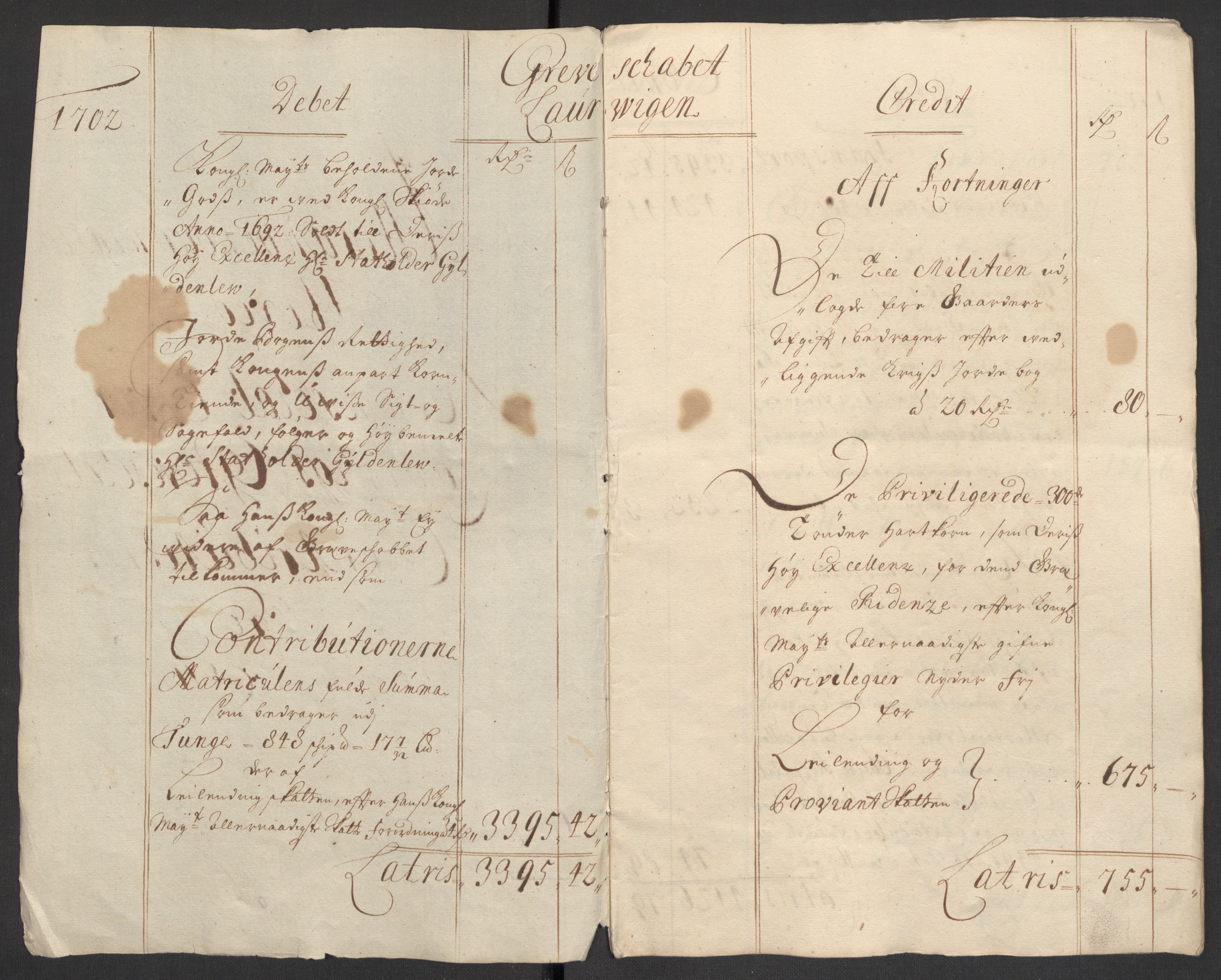 Rentekammeret inntil 1814, Reviderte regnskaper, Fogderegnskap, RA/EA-4092/R33/L1977: Fogderegnskap Larvik grevskap, 1702-1703, s. 4