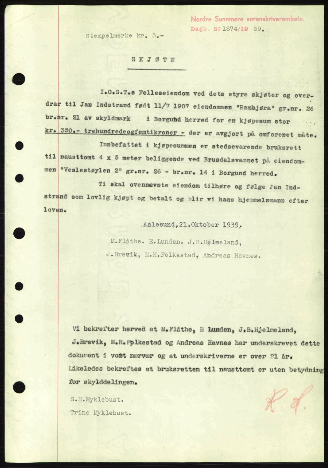 Nordre Sunnmøre sorenskriveri, SAT/A-0006/1/2/2C/2Ca: Pantebok nr. A7, 1939-1939, Dagboknr: 1874/1939