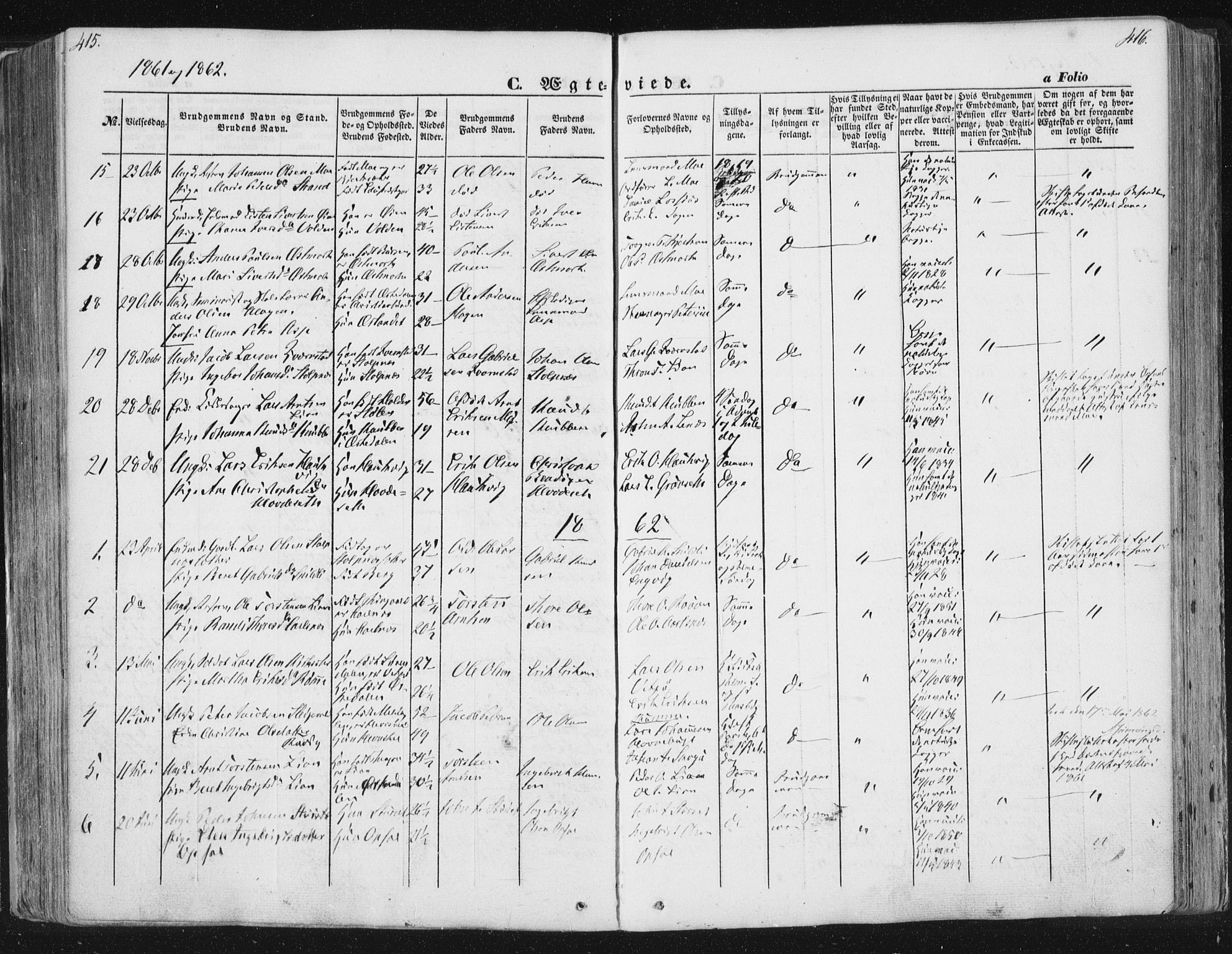 Ministerialprotokoller, klokkerbøker og fødselsregistre - Sør-Trøndelag, SAT/A-1456/630/L0494: Ministerialbok nr. 630A07, 1852-1868, s. 415-416