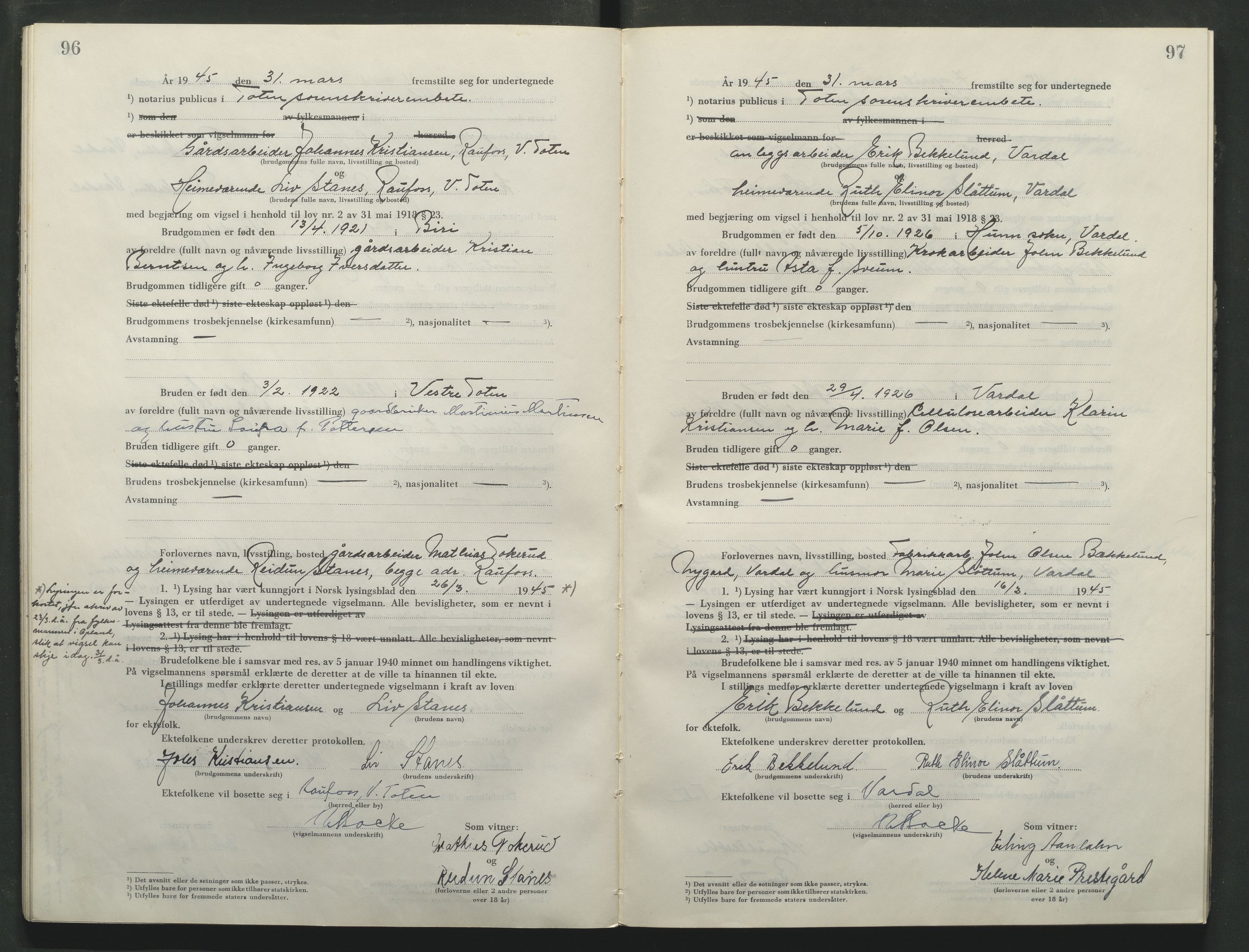 Toten tingrett, AV/SAH-TING-006/L/Lc/L0005: Vigselbok, 1944-1948, s. 96-97