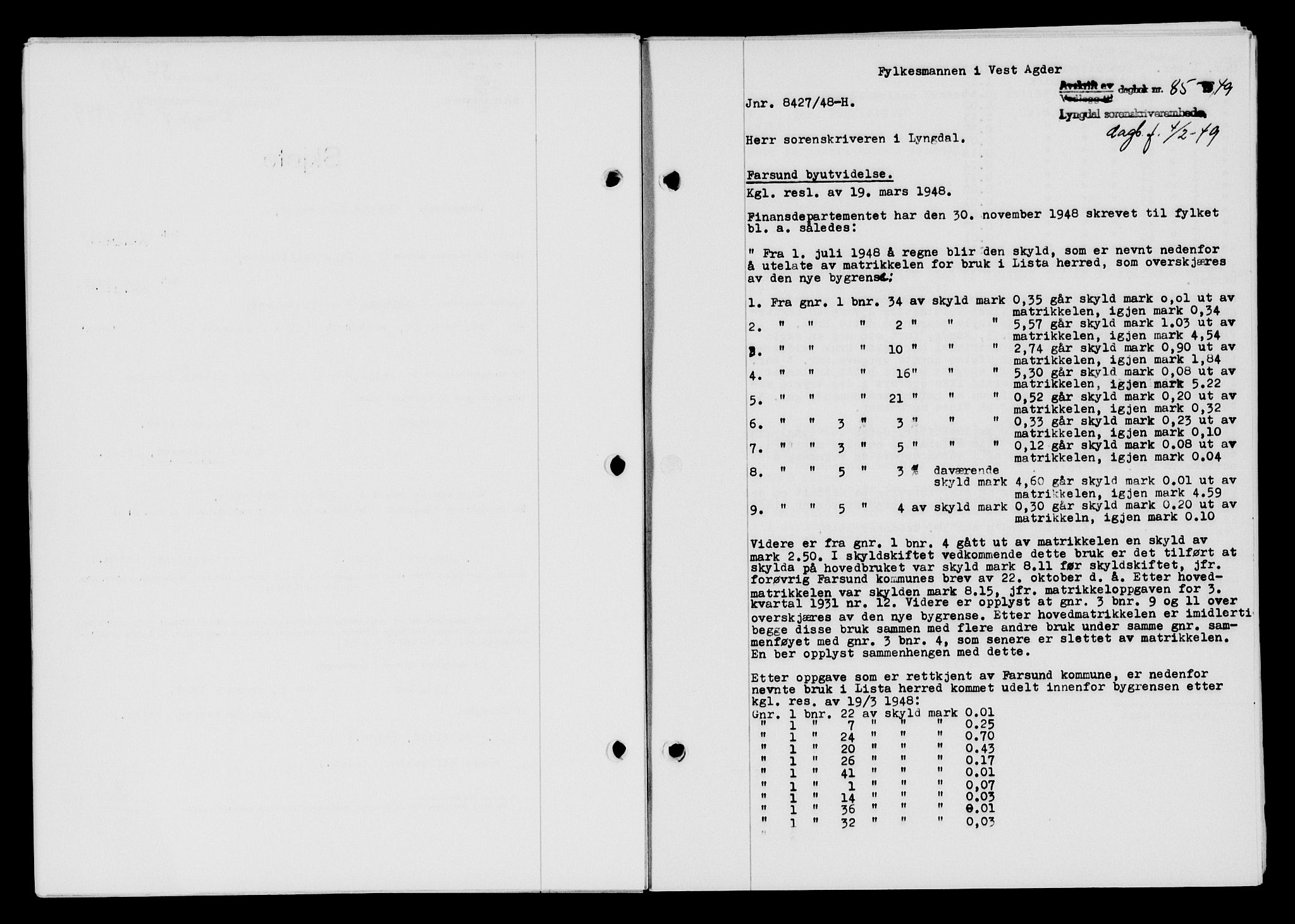 Lyngdal sorenskriveri, AV/SAK-1221-0004/G/Gb/L0663: Pantebok nr. A IX, 1948-1949, Dagboknr: 85/1949