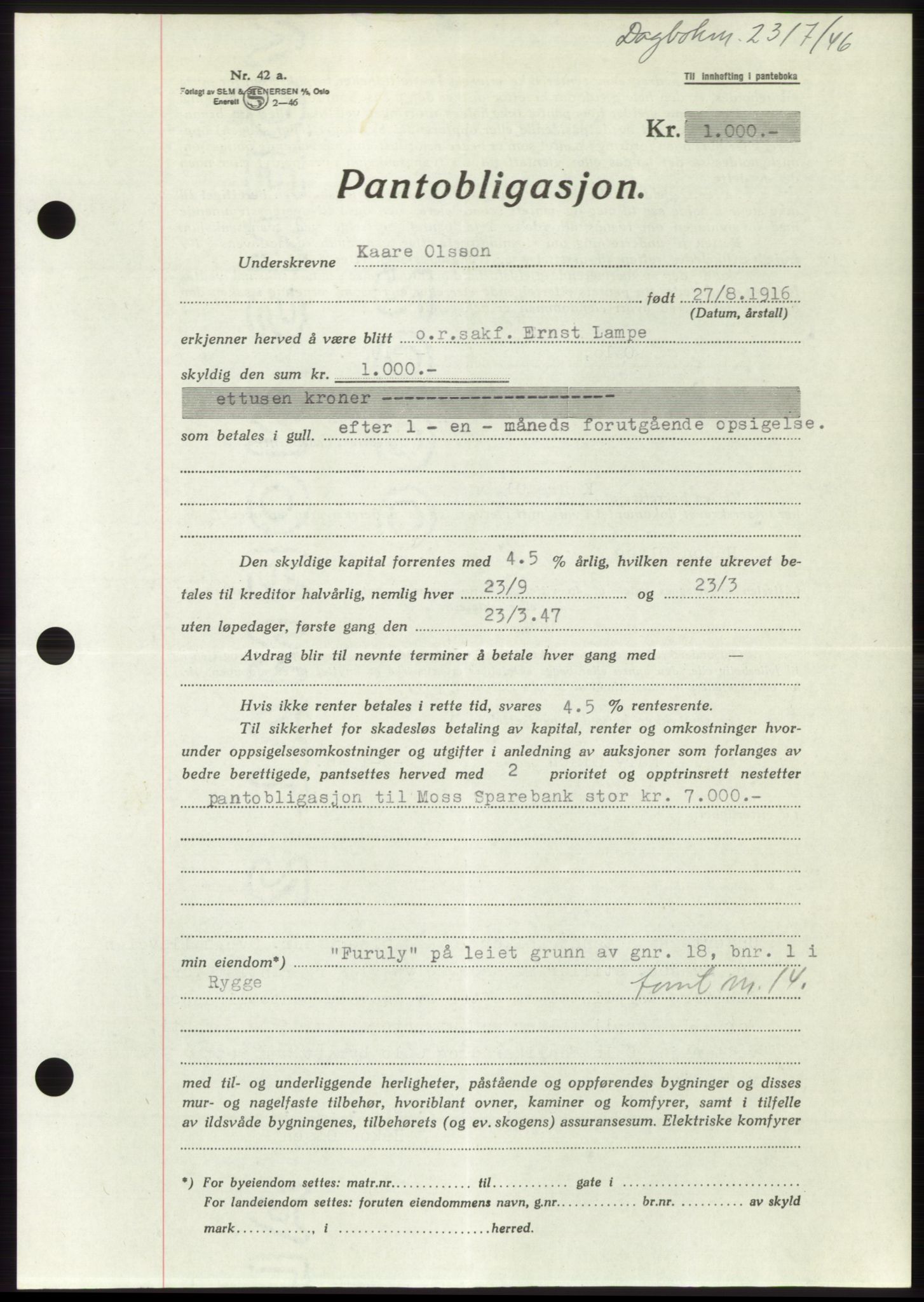 Moss sorenskriveri, SAO/A-10168: Pantebok nr. B16, 1946-1947, Dagboknr: 2317/1946