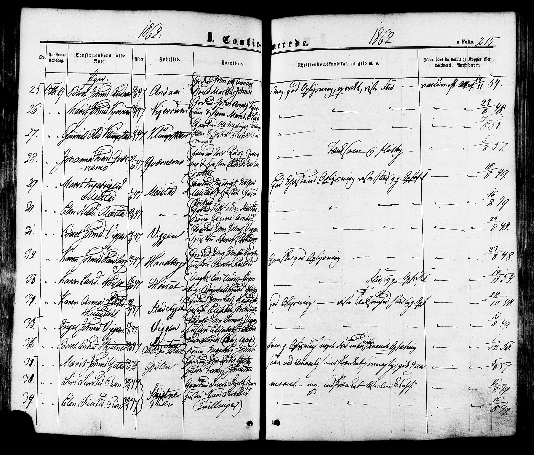 Ministerialprotokoller, klokkerbøker og fødselsregistre - Sør-Trøndelag, SAT/A-1456/665/L0772: Ministerialbok nr. 665A07, 1856-1878, s. 215