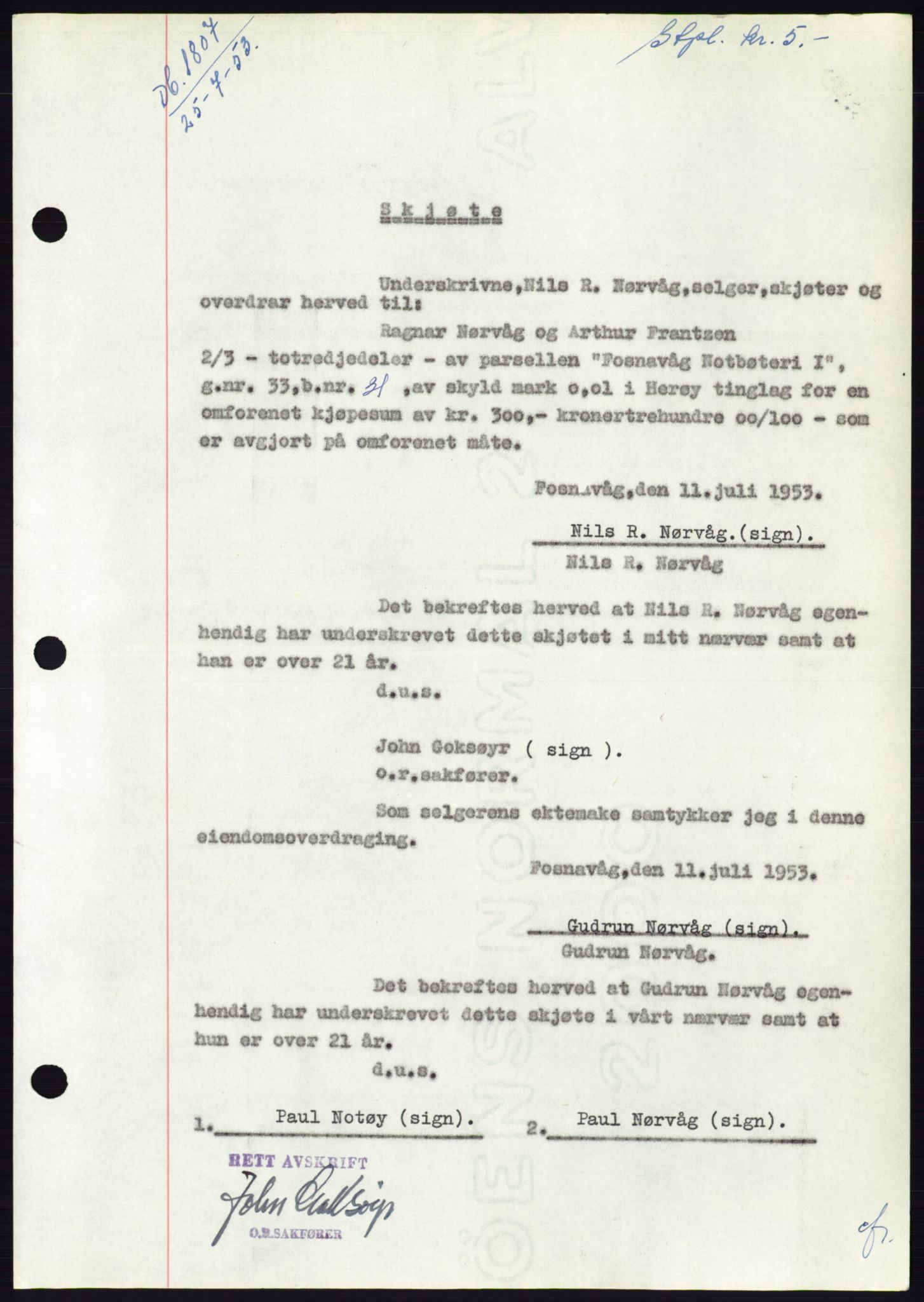 Søre Sunnmøre sorenskriveri, AV/SAT-A-4122/1/2/2C/L0095: Pantebok nr. 21A, 1953-1953, Dagboknr: 1807/1953