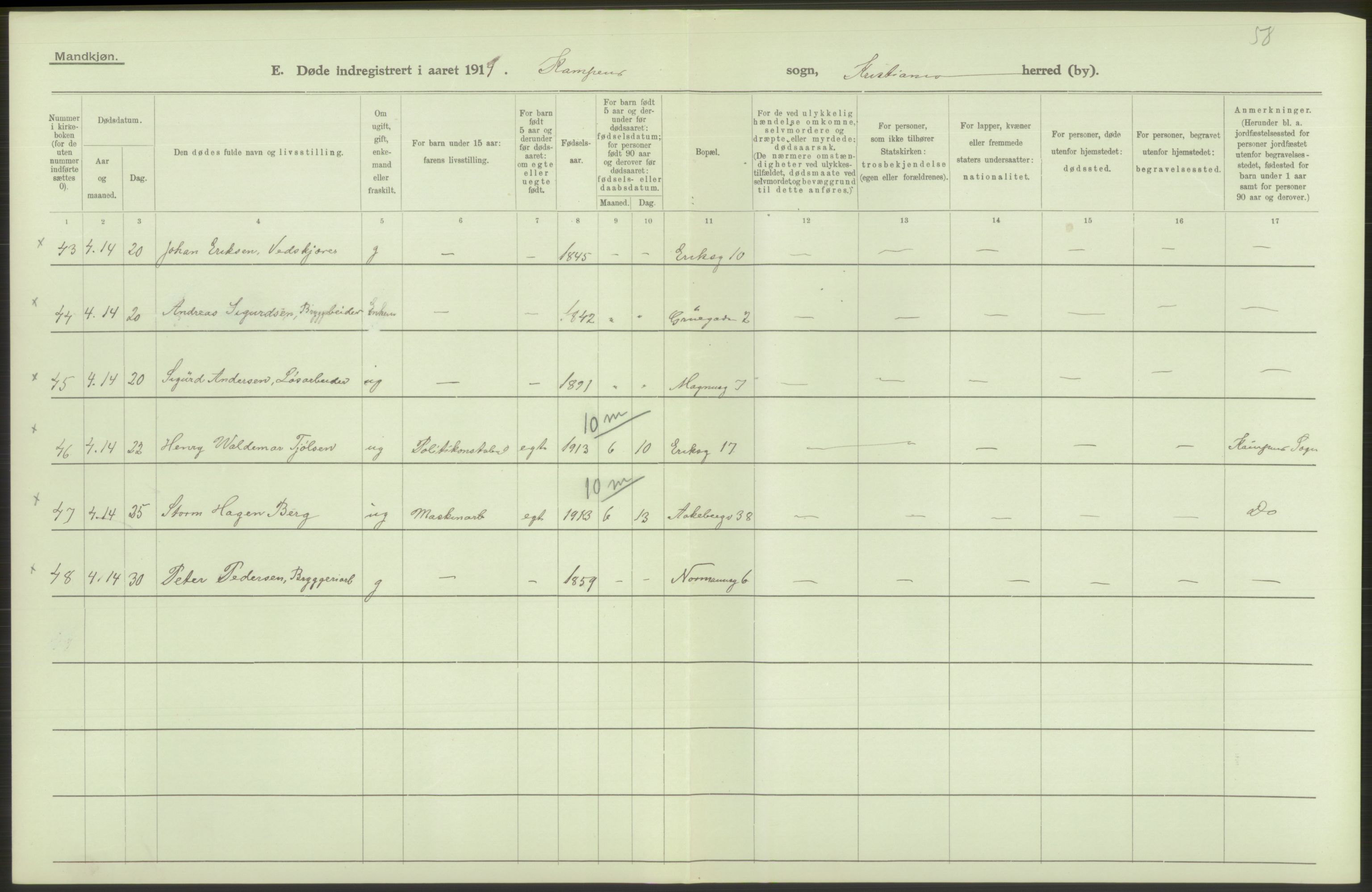 Statistisk sentralbyrå, Sosiodemografiske emner, Befolkning, AV/RA-S-2228/D/Df/Dfb/Dfbd/L0008: Kristiania: Døde, 1914, s. 424