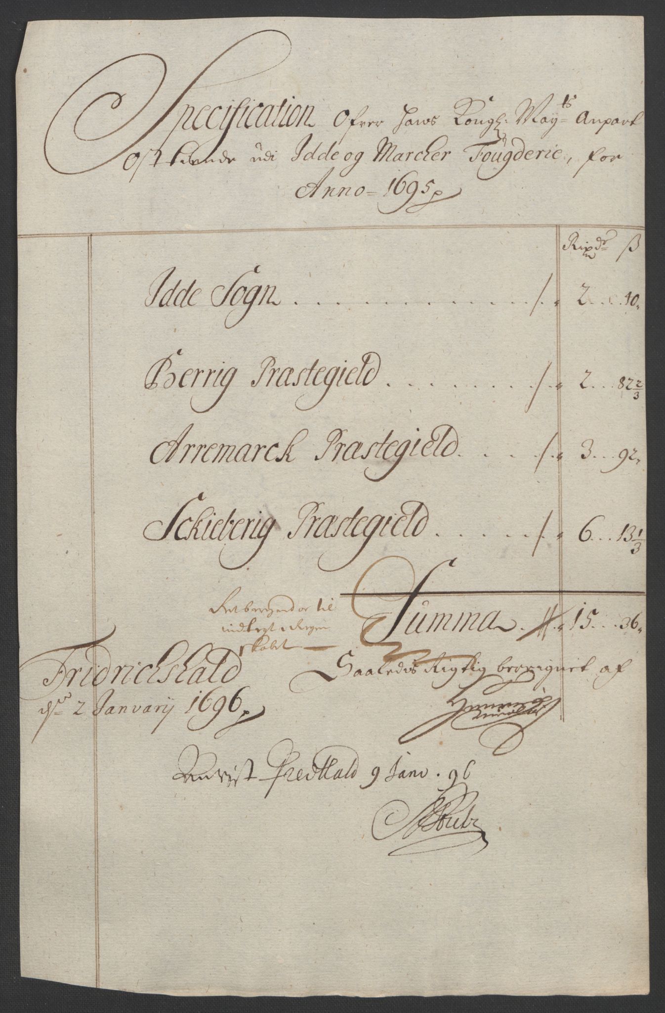 Rentekammeret inntil 1814, Reviderte regnskaper, Fogderegnskap, RA/EA-4092/R01/L0012: Fogderegnskap Idd og Marker, 1694-1695, s. 223