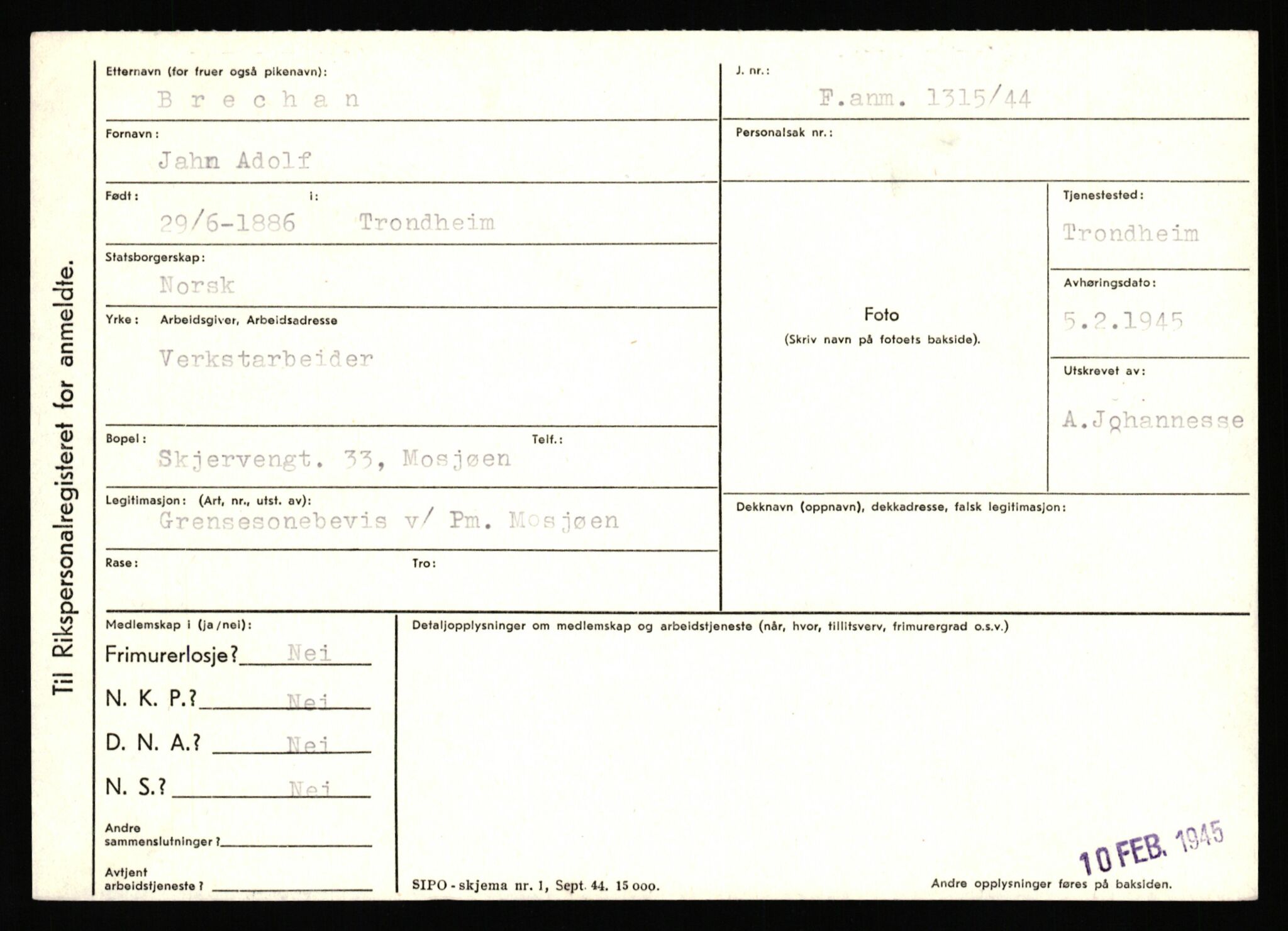 Statspolitiet - Hovedkontoret / Osloavdelingen, AV/RA-S-1329/C/Ca/L0003: Brechan - Eichinger	, 1943-1945, s. 4