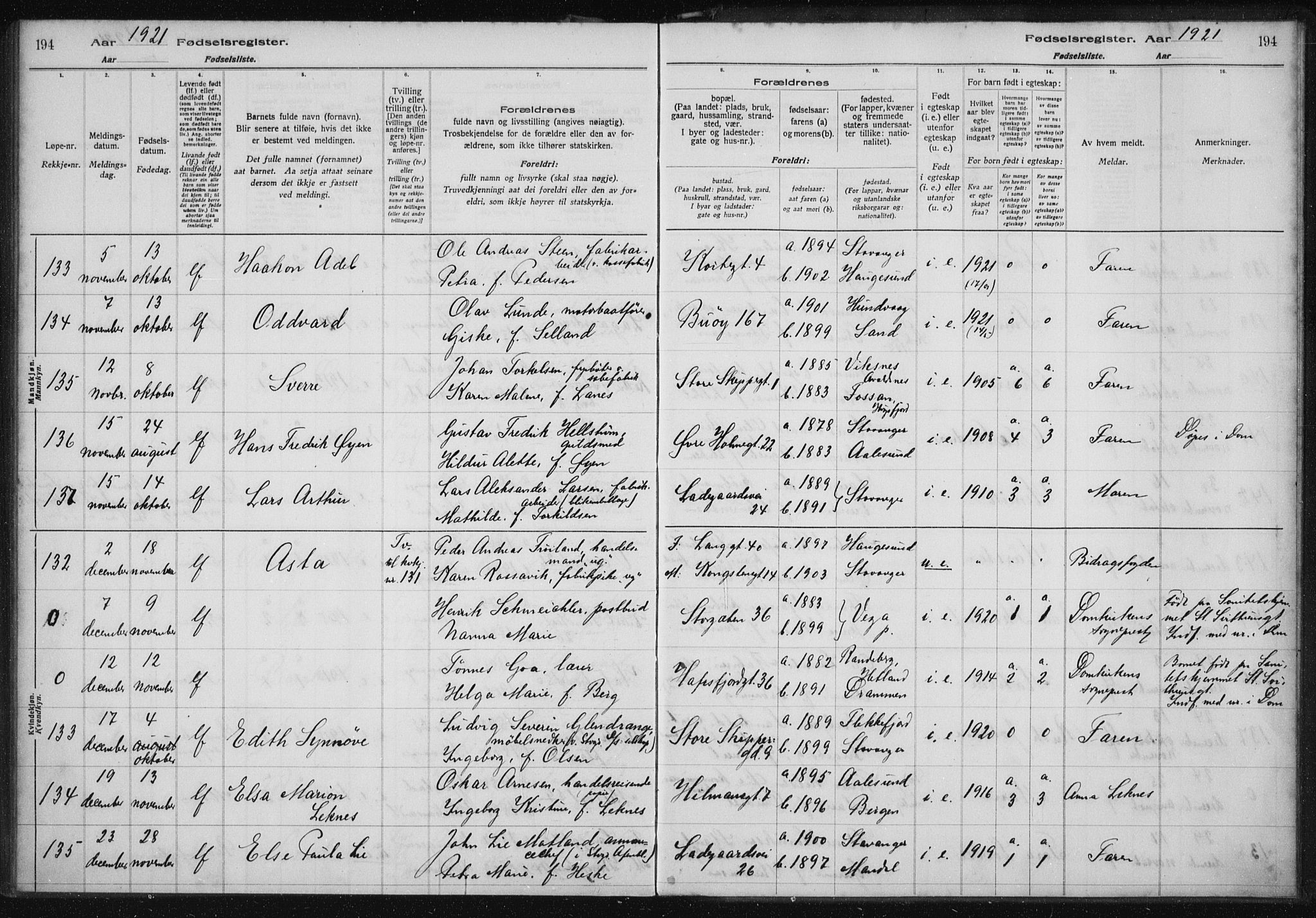 St. Petri sokneprestkontor, AV/SAST-A-101813/002/A/L0001: Fødselsregister nr. 1, 1916-1922, s. 194