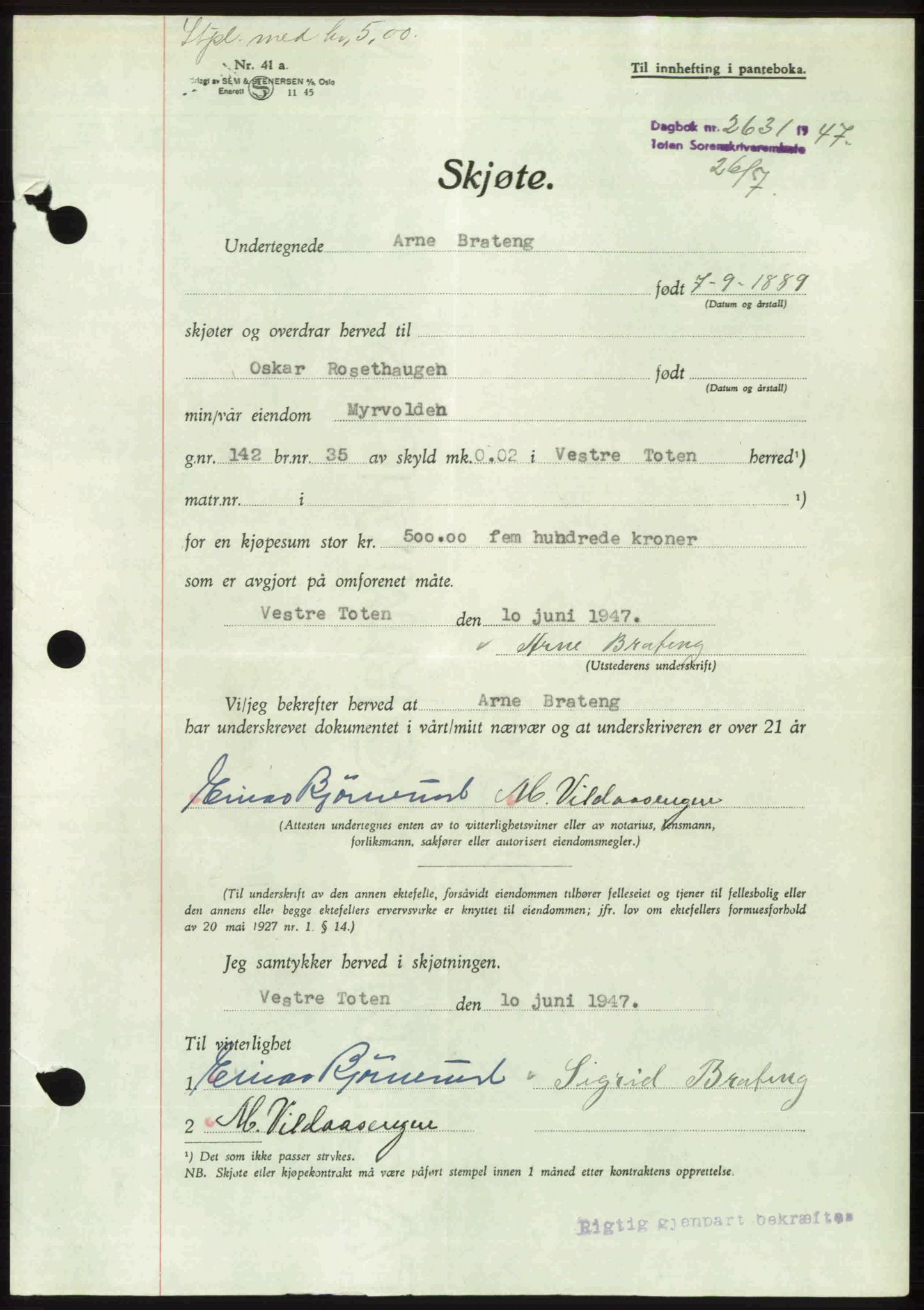 Toten tingrett, AV/SAH-TING-006/H/Hb/Hbc/L0017: Pantebok nr. Hbc-17, 1947-1947, Dagboknr: 2631/1947