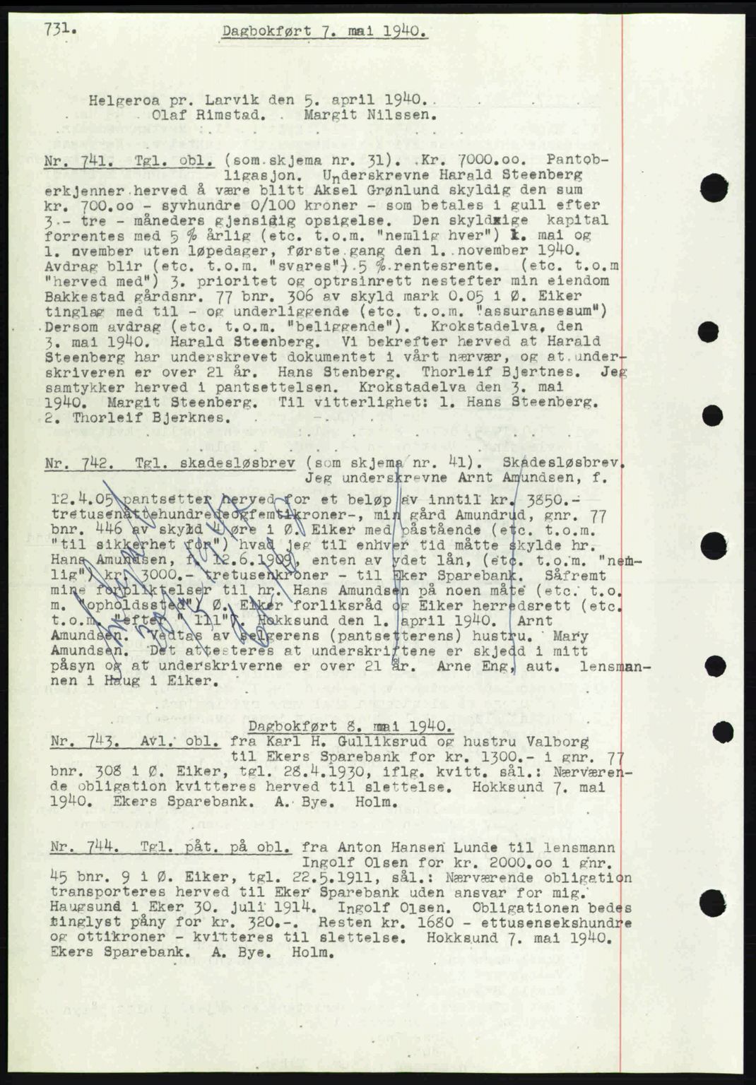 Eiker, Modum og Sigdal sorenskriveri, SAKO/A-123/G/Ga/Gab/L0041: Pantebok nr. A11, 1939-1940, Dagboknr: 741/1940