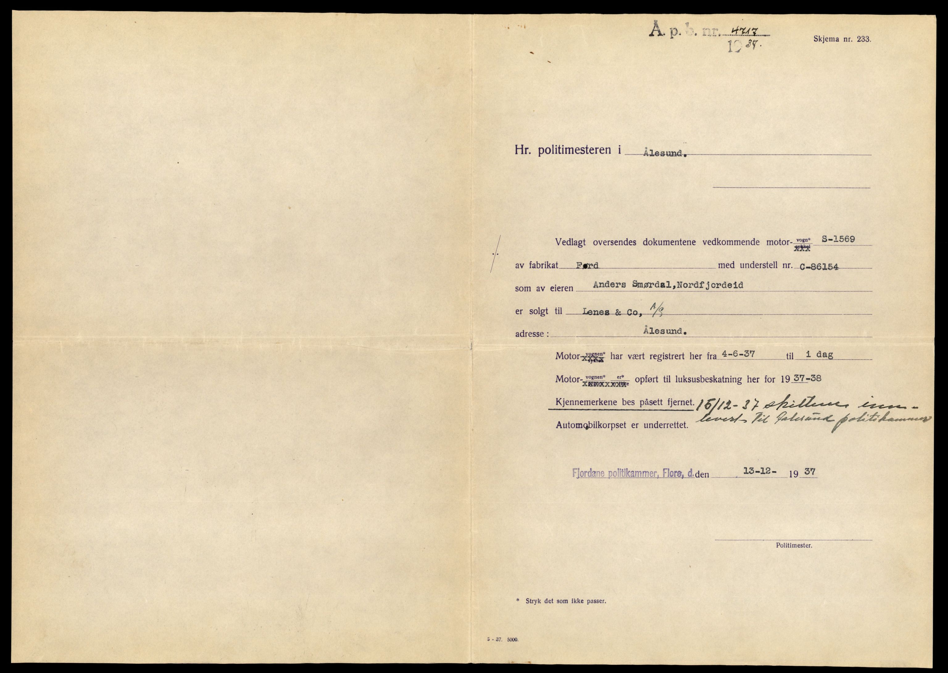 Møre og Romsdal vegkontor - Ålesund trafikkstasjon, SAT/A-4099/F/Fe/L0003: Registreringskort for kjøretøy T 232 - T 340, 1927-1998, s. 193