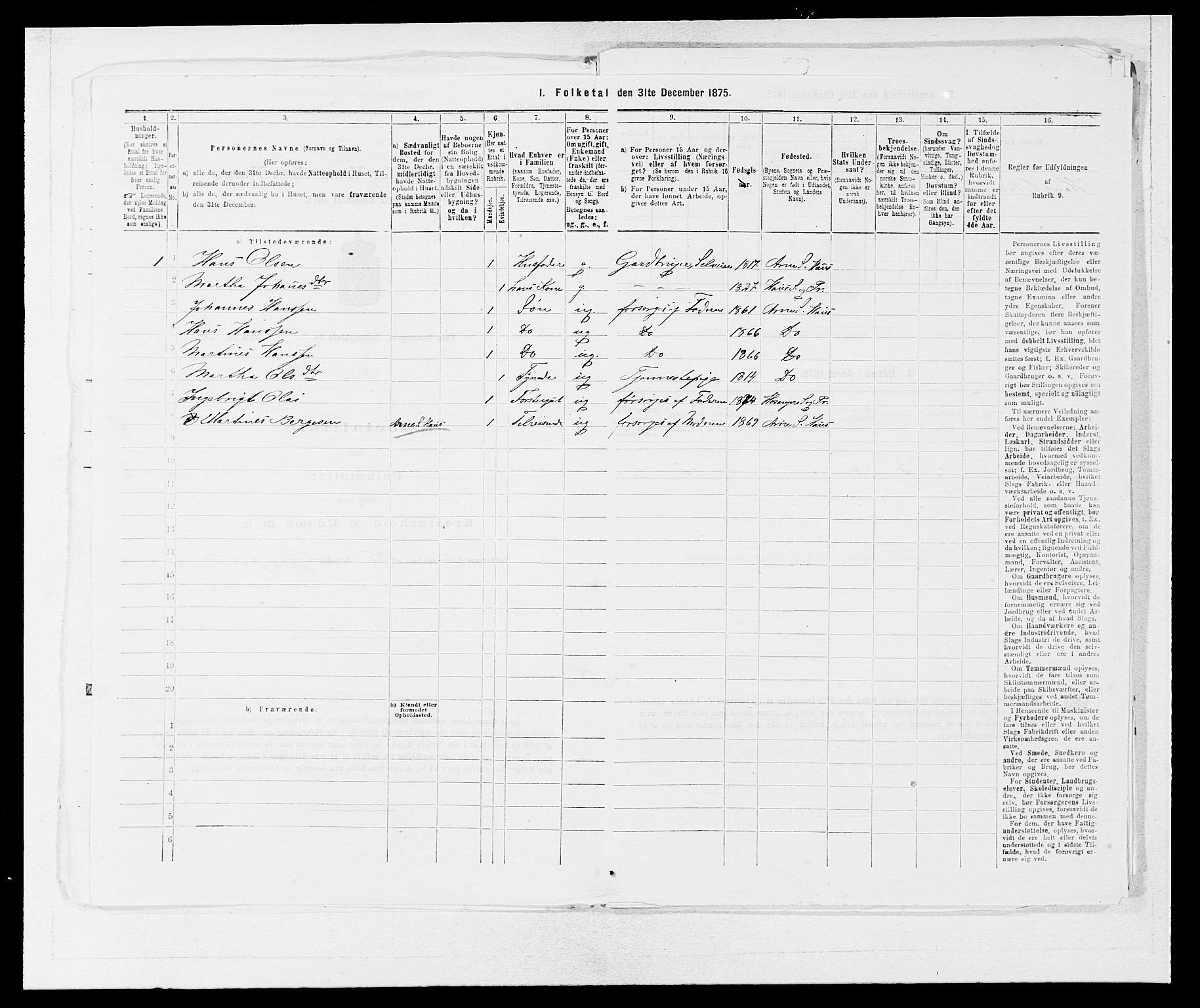 SAB, Folketelling 1875 for 1250P Haus prestegjeld, 1875, s. 867