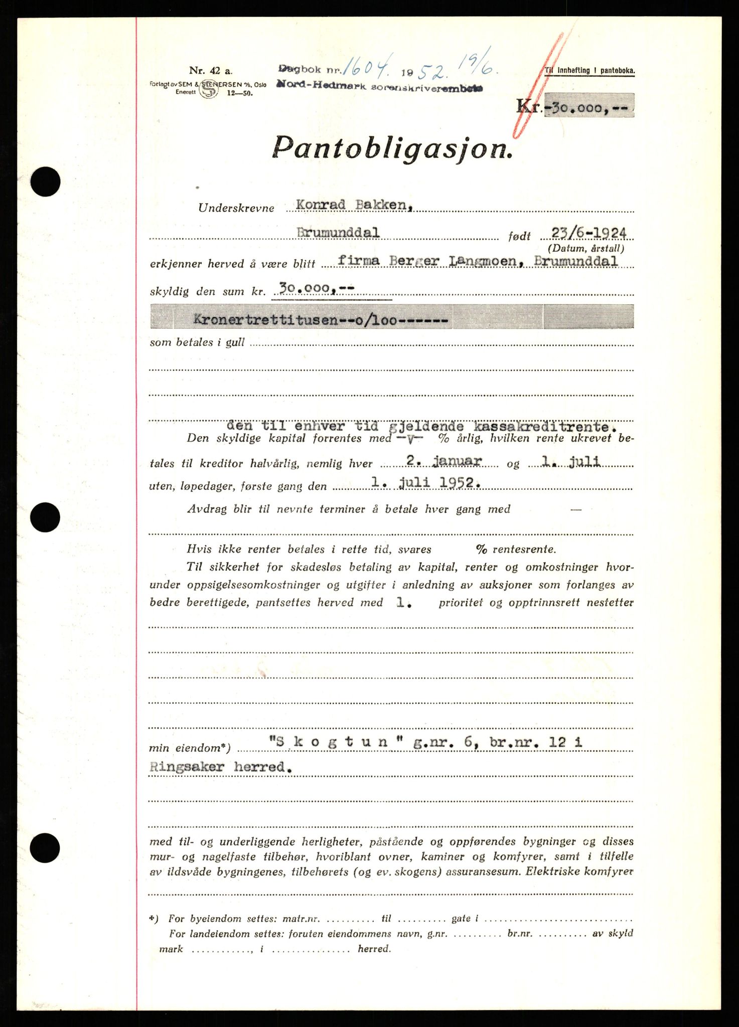 Nord-Hedmark sorenskriveri, SAH/TING-012/H/Hb/Hbf/L0025: Pantebok nr. B25, 1952-1952, Dagboknr: 1604/1952